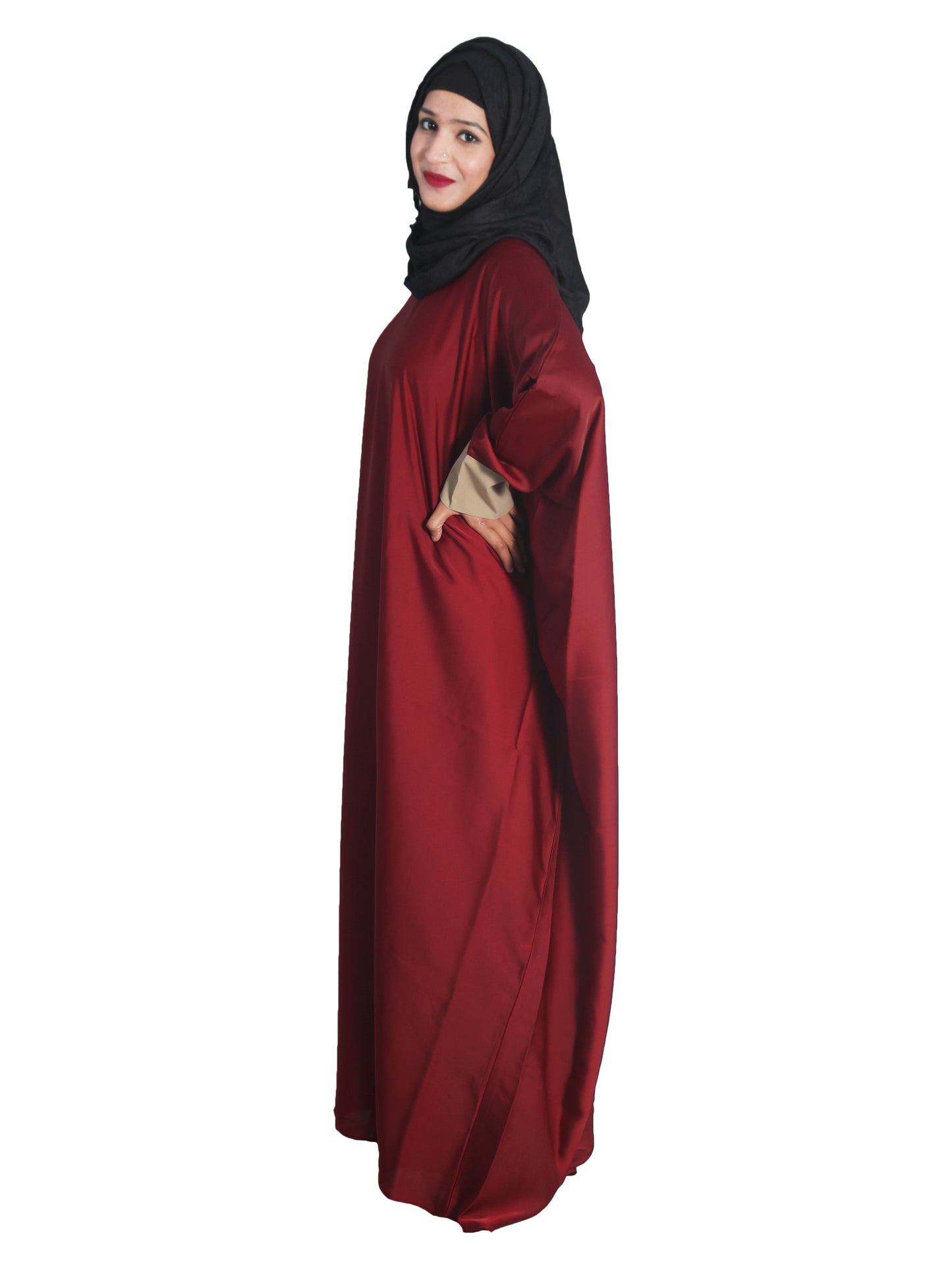 Beautiful Self Design Maroon Kaftan Art Silk Abaya With Hijab_0615