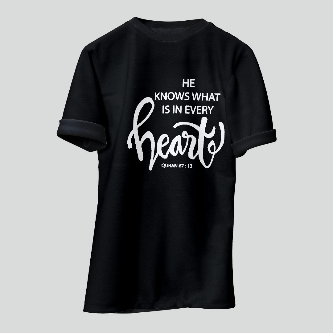 Islamic T-shirt 'He Knows what is in every heart' Printed Self Design Round Neck Half Sleeves Black T-shirt for Men (BK015)