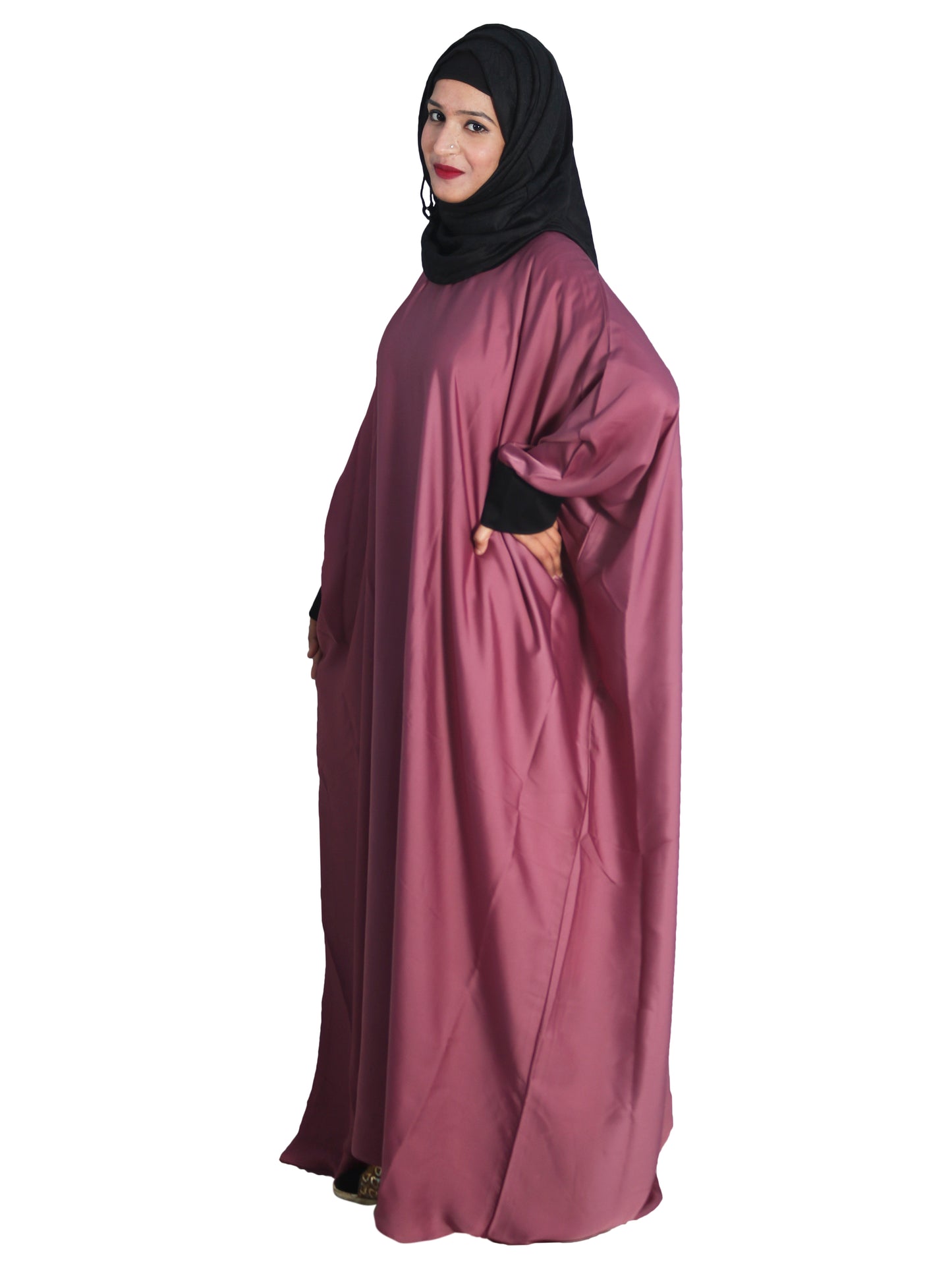 Beautiful Self Design Pink Kaftan Art Silk Abaya With Hijab_0616
