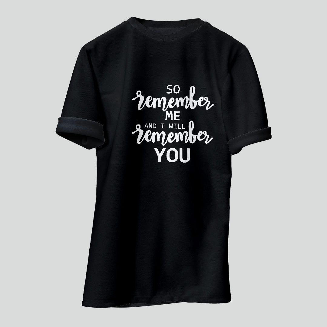 Islamic T-shirt 'So Remember Me & I will Remember You' Printed Self Design Round Neck Half Sleeves Black T-shirt for Men (BK016)