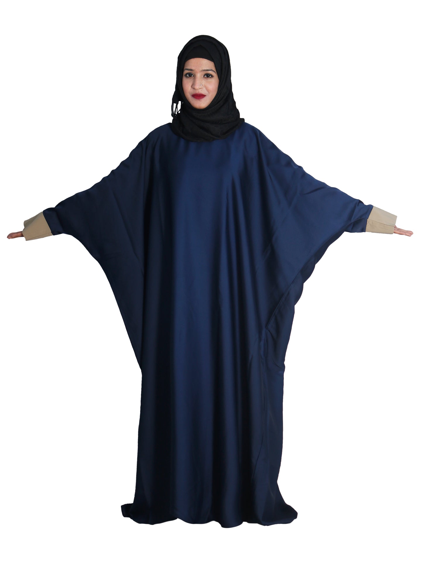 Beautiful Self Design Blue Kaftan Art Silk Abaya With Hijab_0617