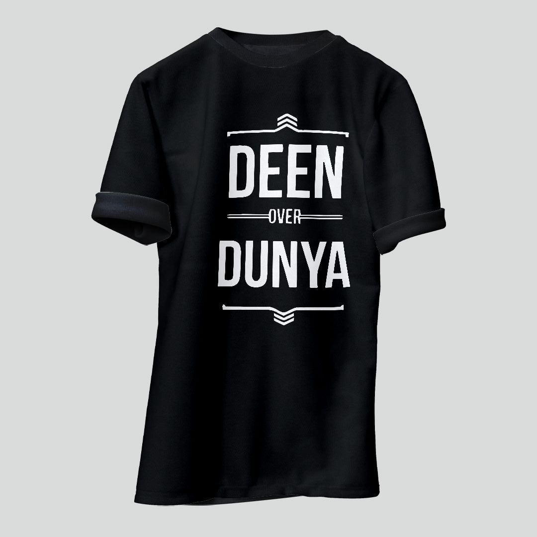 Islamic T-shirt 'Deen Over Dunya' Printed Self Design Round Neck Half Sleeves Black T-shirt for Men (BK017)