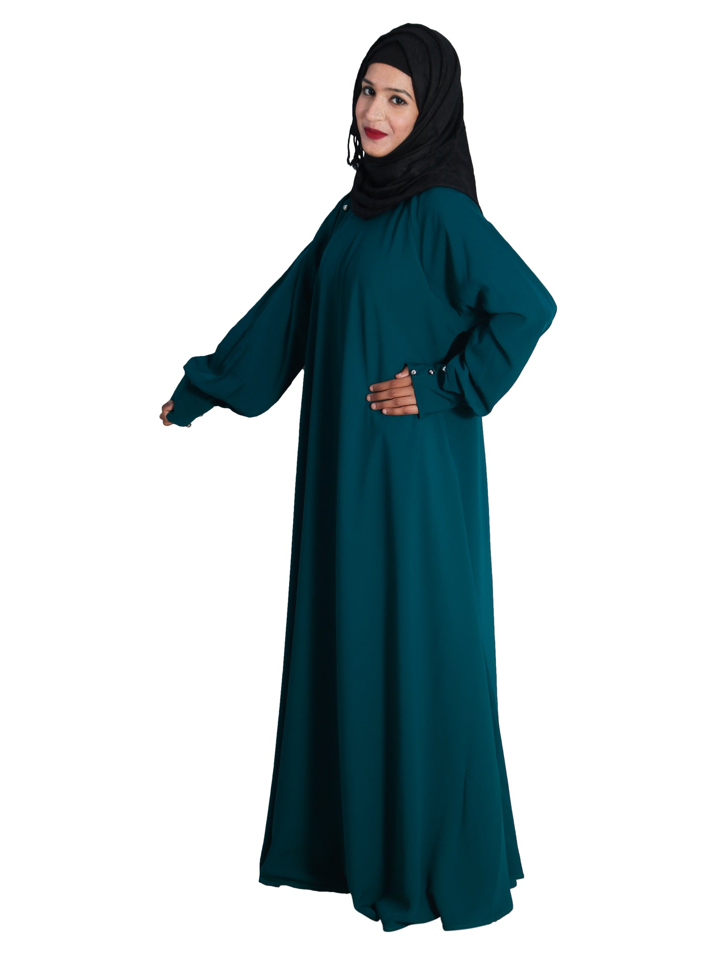 Beautiful Self Design Rama Green Aline Crepe Abaya Without Hijab_0619
