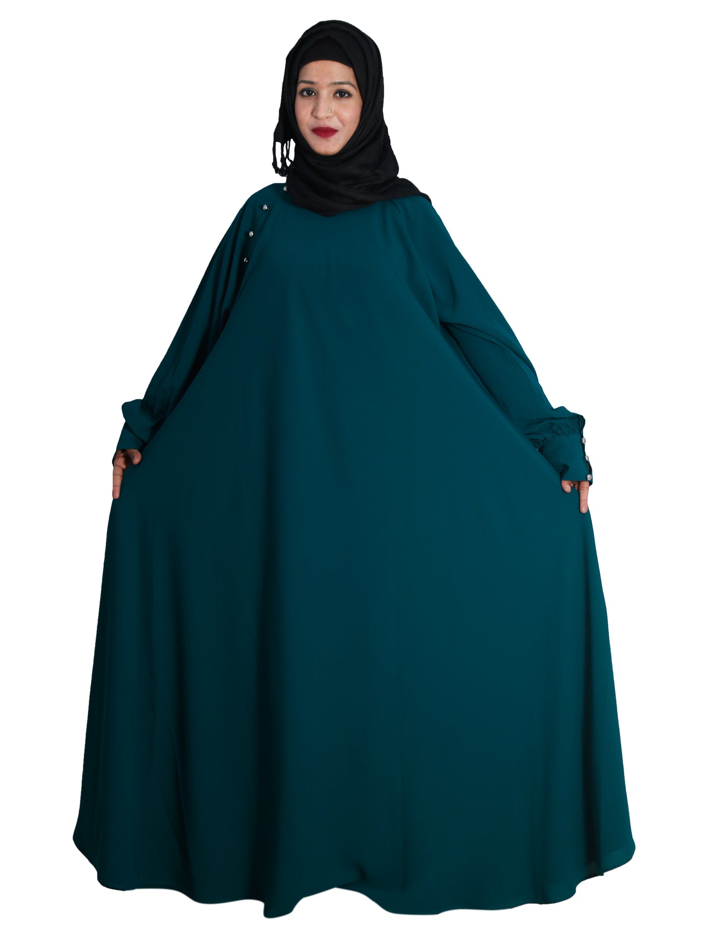 Beautiful Self Design Rama Green Aline Crepe Abaya Without Hijab_0619