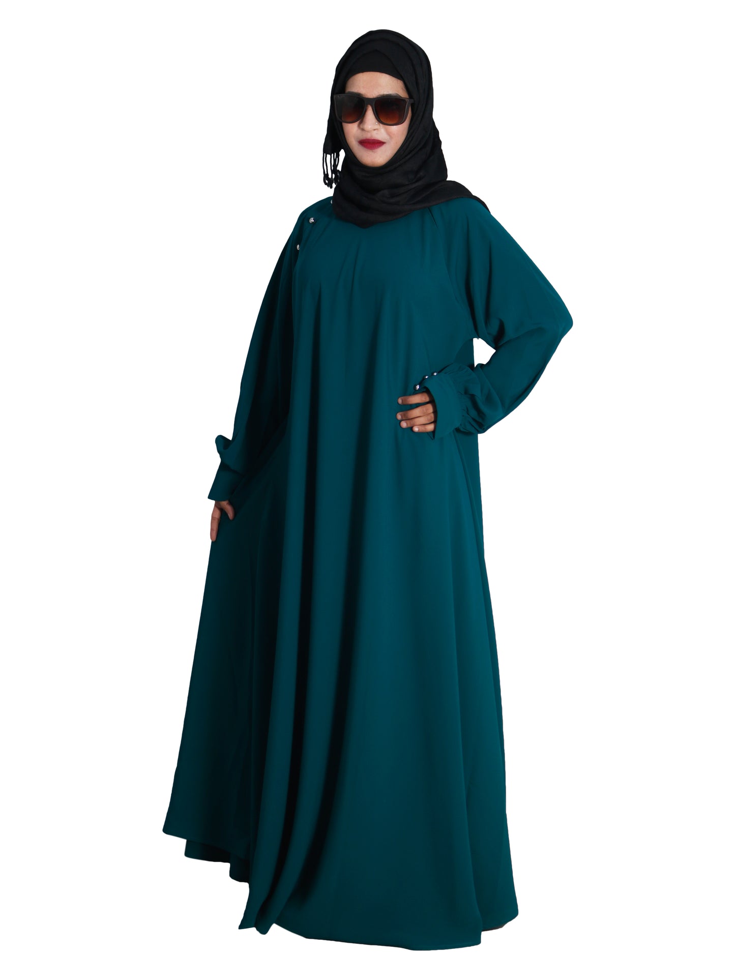 Beautiful Self Design Rama Green Aline Crepe Abaya Without Hijab_0619