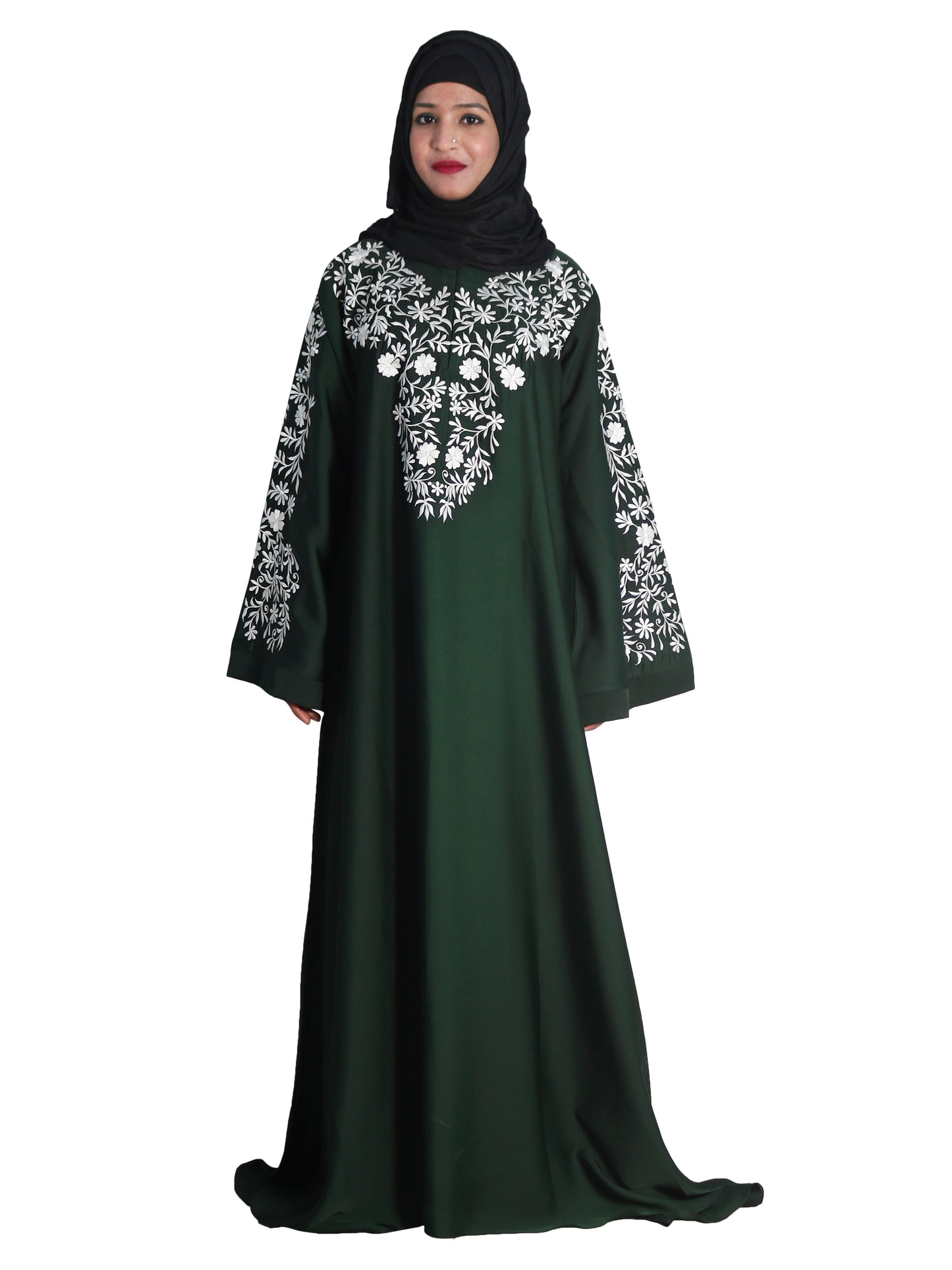 Beautiful Self Design Green Embroidered Art Silk Abaya With Hijab_0602