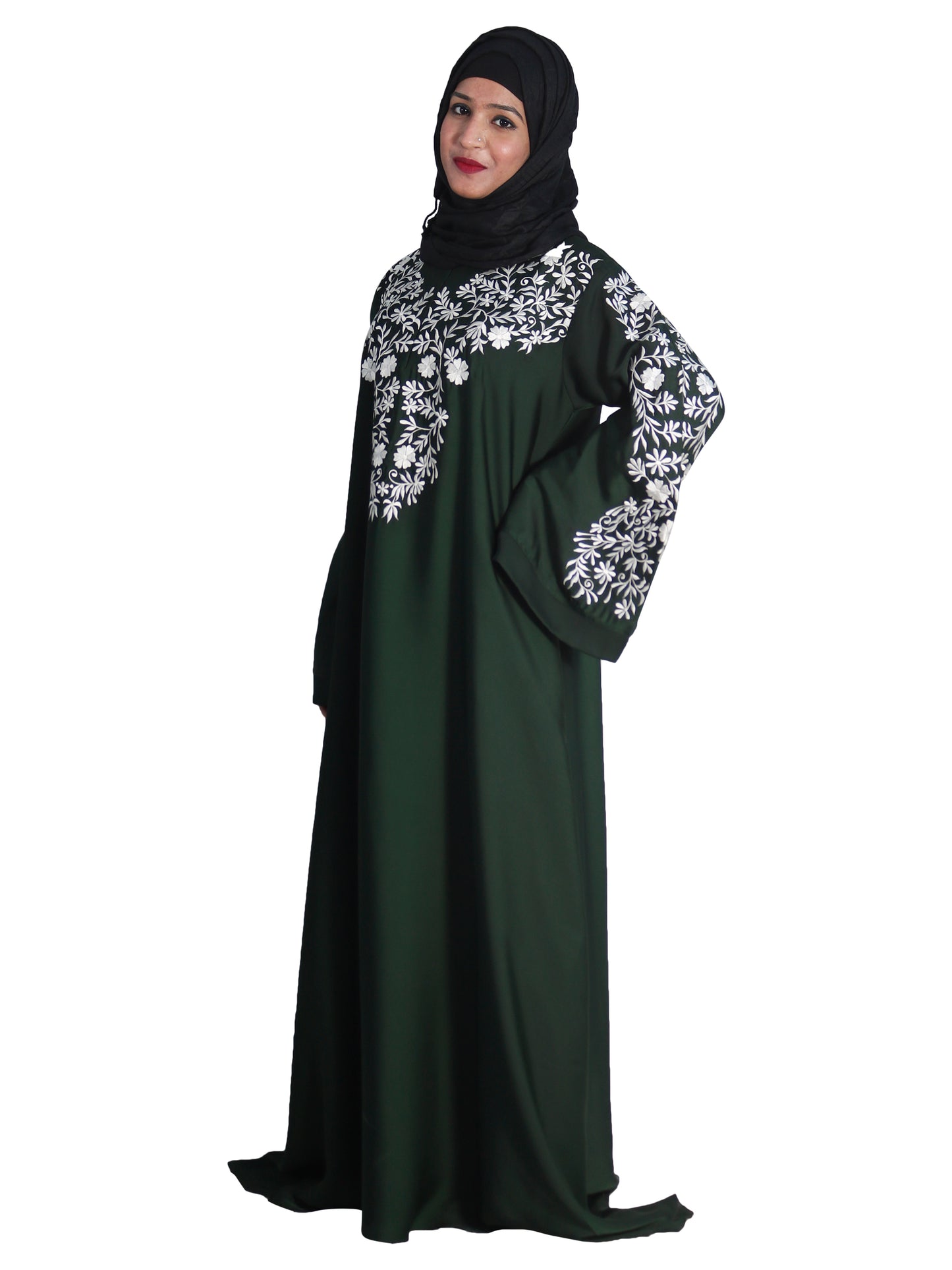 Beautiful Self Design Green Embroidered Art Silk Abaya With Hijab_0602