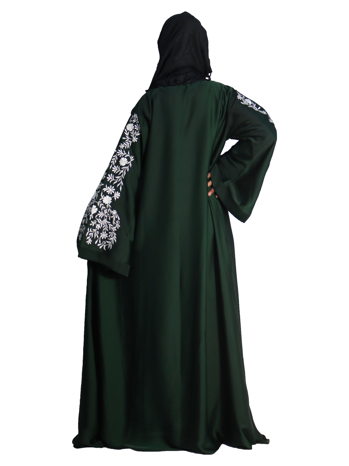 Beautiful Self Design Green Embroidered Art Silk Abaya With Hijab_0602