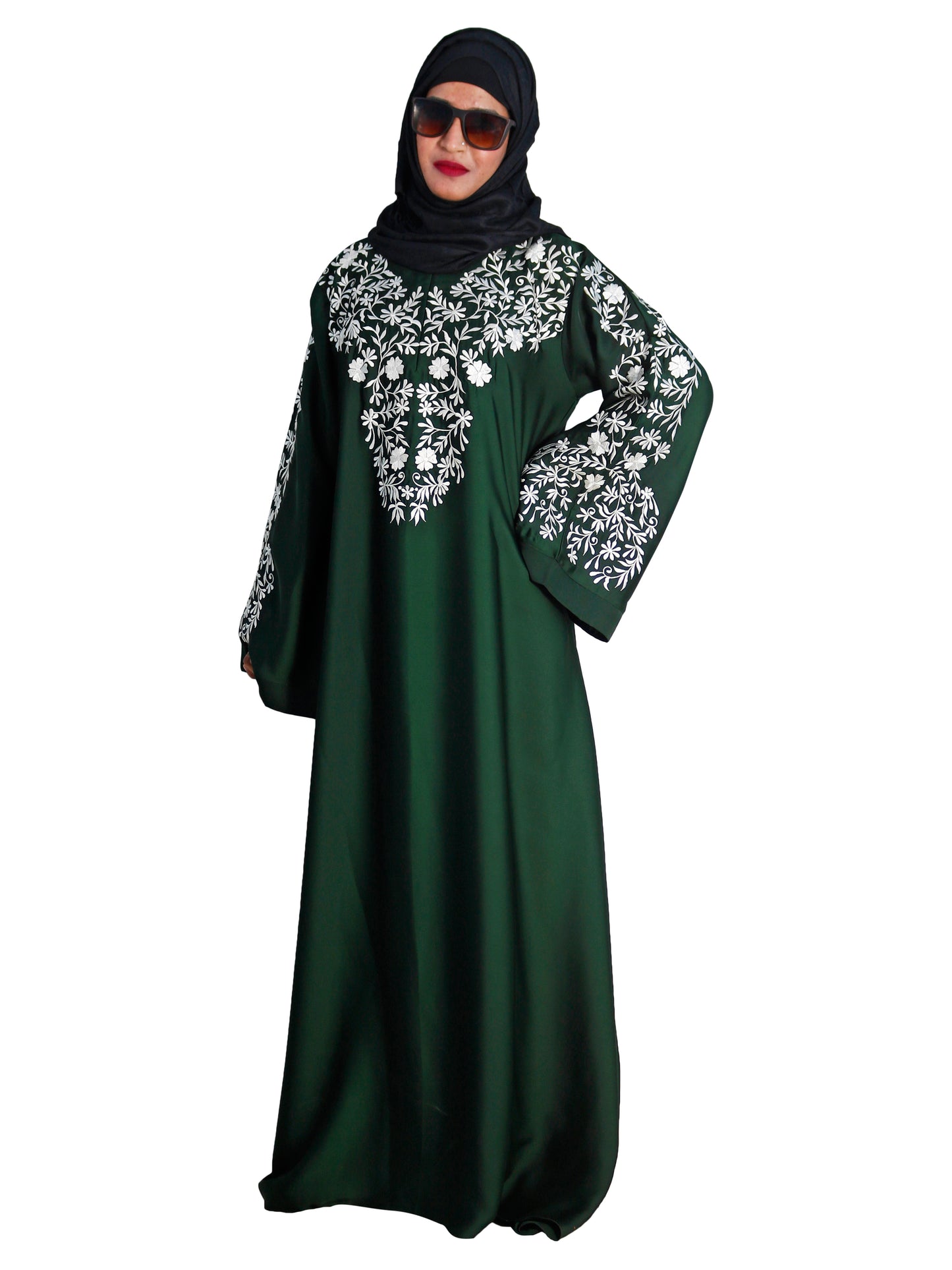 Beautiful Self Design Green Embroidered Art Silk Abaya With Hijab_0602