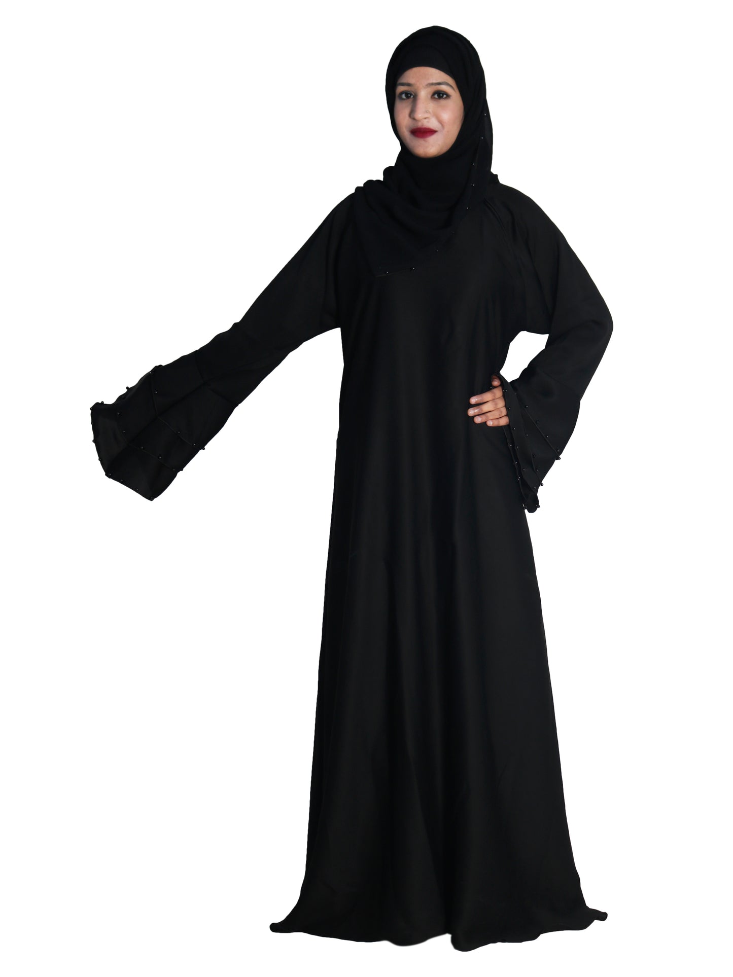 Beautiful Self Design Black Frill Art Silk Abaya With Hijab_0629