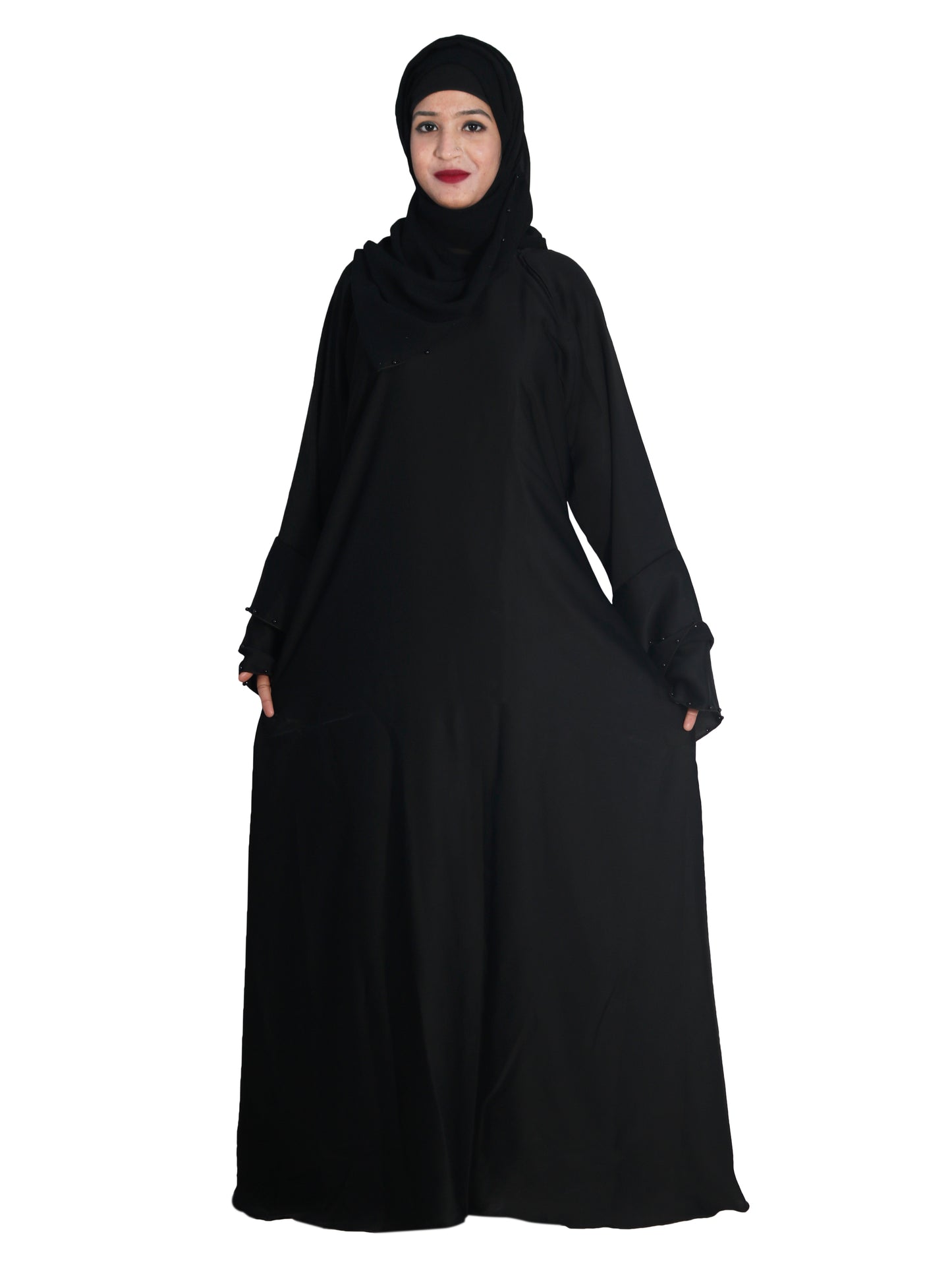 Beautiful Self Design Black Frill Art Silk Abaya With Hijab_0629