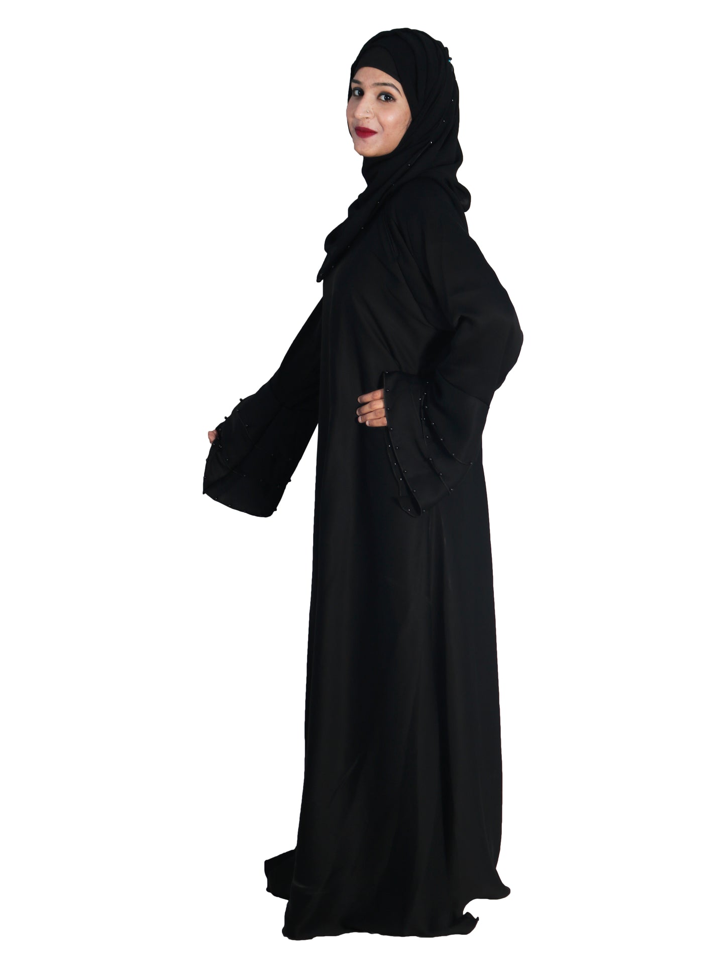 Beautiful Self Design Black Frill Art Silk Abaya With Hijab_0629