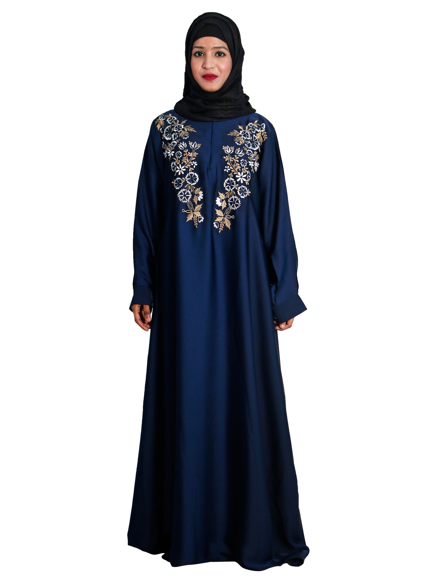 Beautiful Self Design Blue Embroidered Art Silk Abaya With Hijab_0603