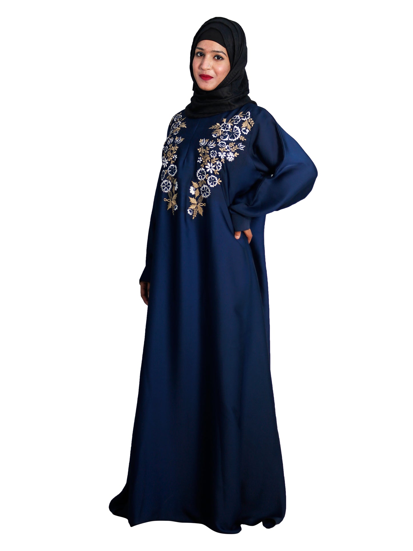 Beautiful Self Design Blue Embroidered Art Silk Abaya With Hijab_0603