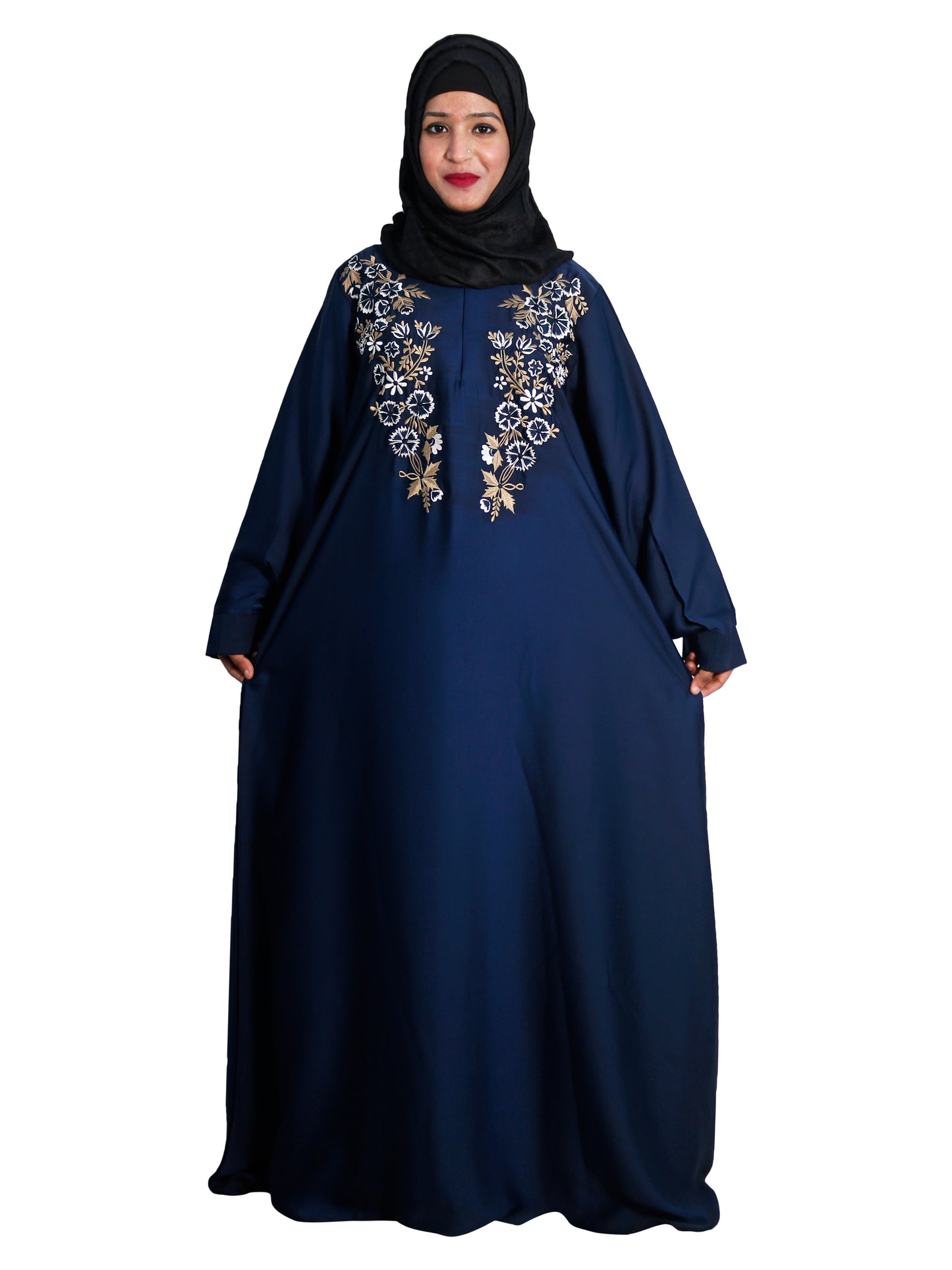 Beautiful Self Design Blue Embroidered Art Silk Abaya With Hijab_0603