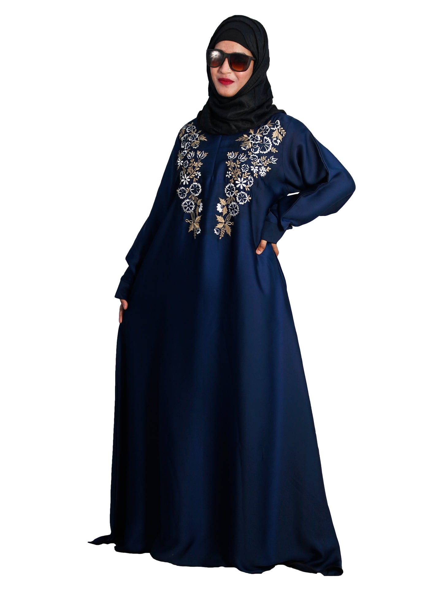 Beautiful Self Design Blue Embroidered Art Silk Abaya With Hijab_0603