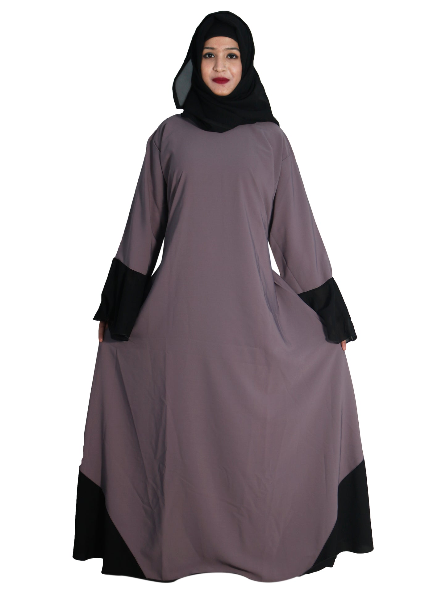 Beautiful Self Design Beige Frill Art Silk Abaya With Hijab_0631