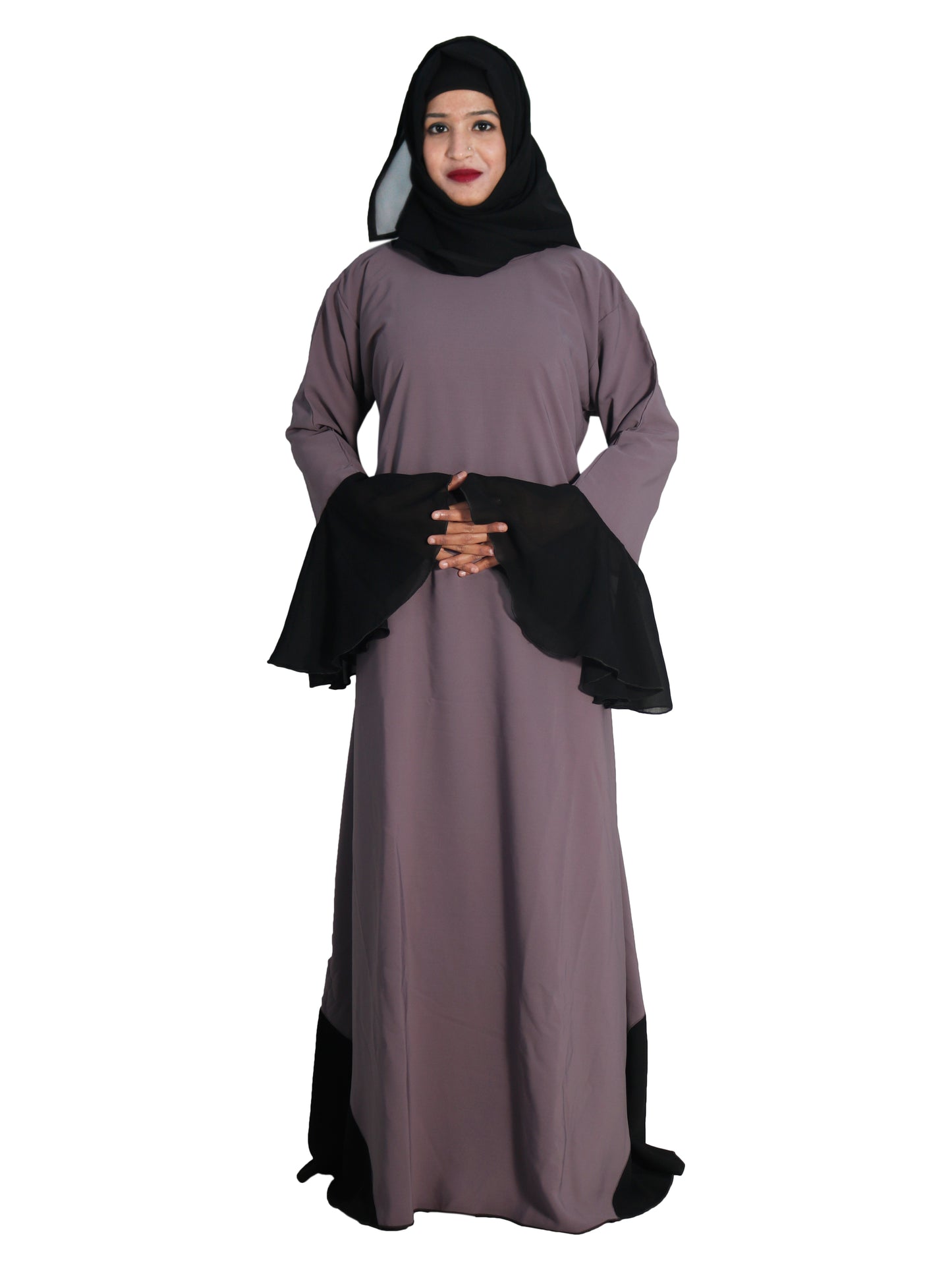 Beautiful Self Design Beige Frill Art Silk Abaya With Hijab_0631