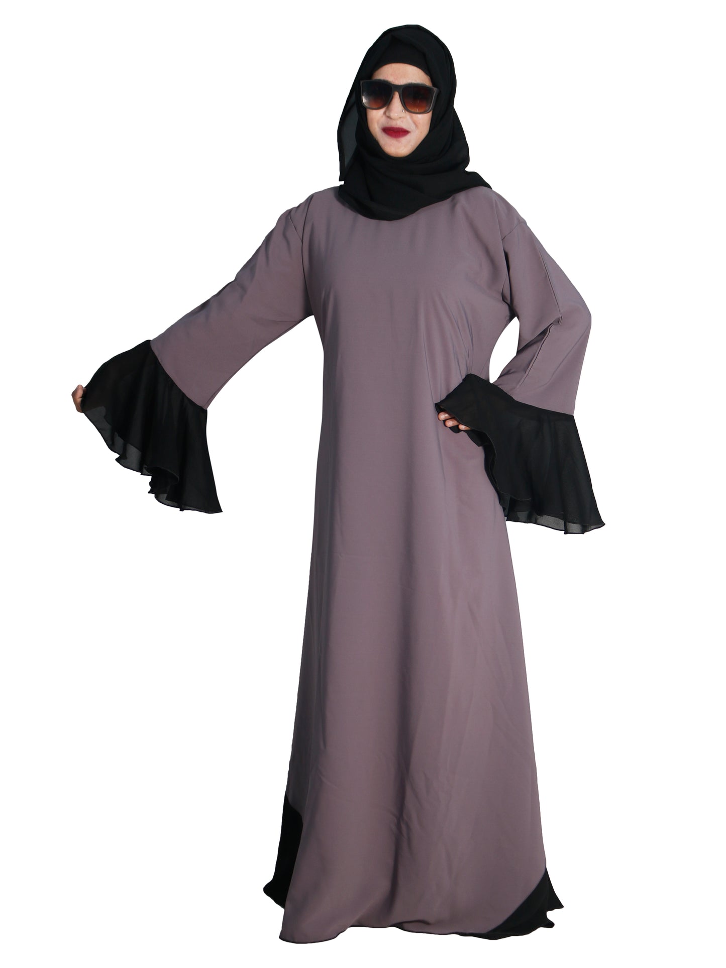 Beautiful Self Design Beige Frill Art Silk Abaya With Hijab_0631