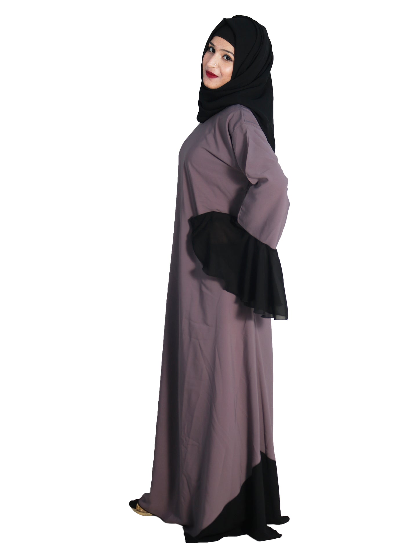 Beautiful Self Design Beige Frill Art Silk Abaya With Hijab_0631