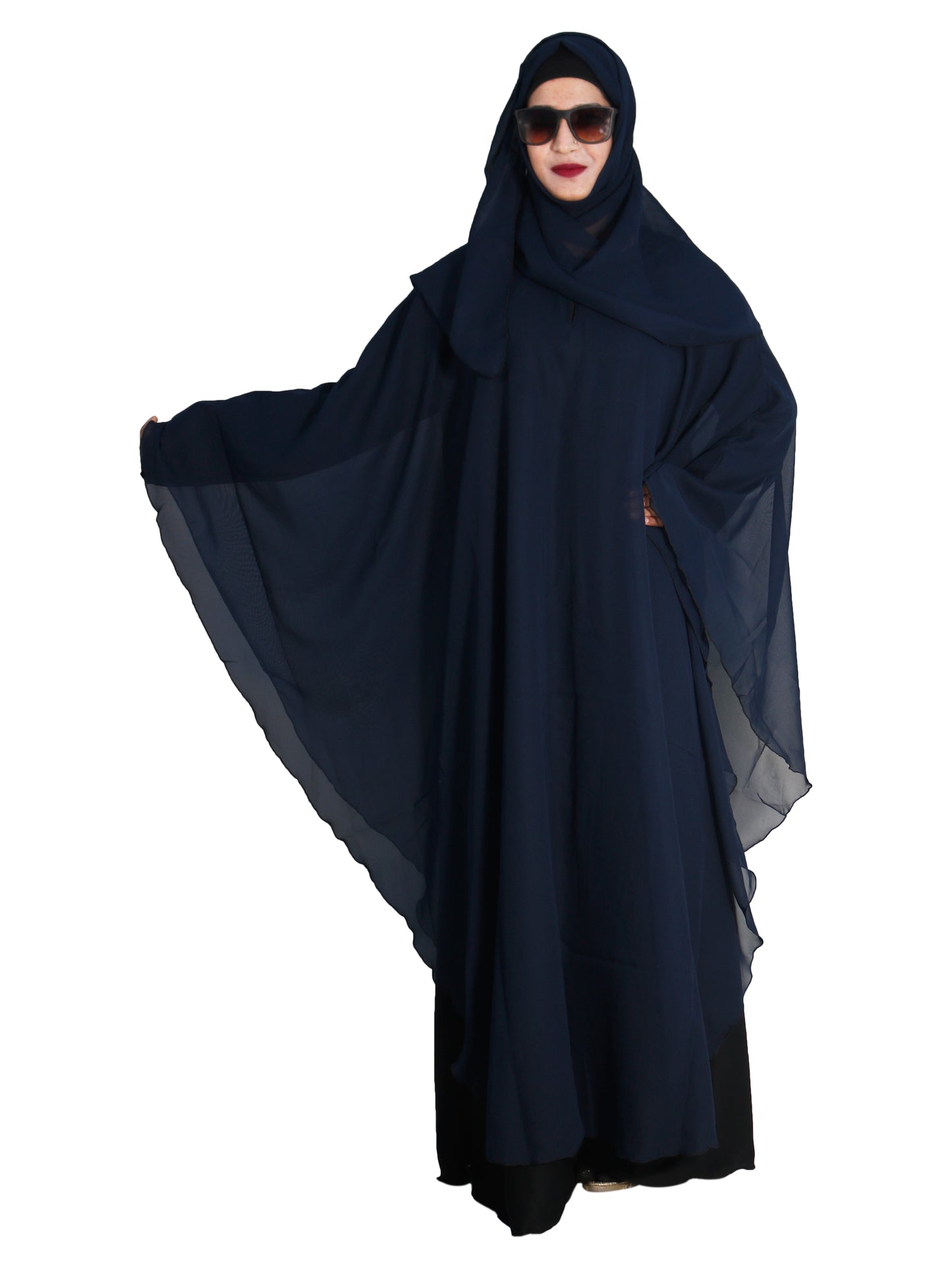 Beautiful Self Design Blue Farasha Art Silk Abaya With Hijab_0634