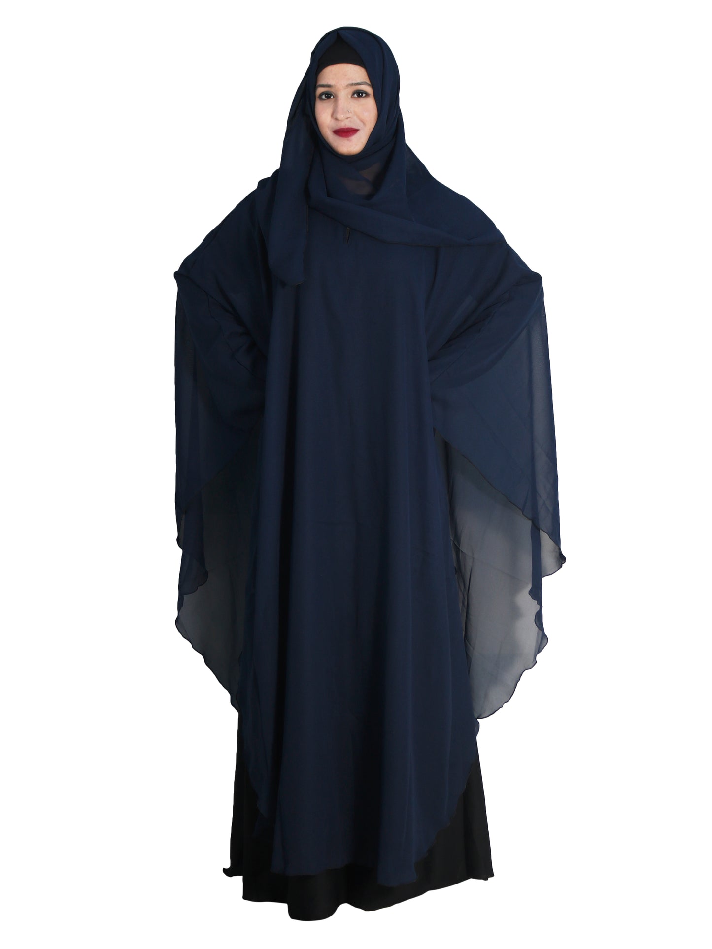 Beautiful Self Design Blue Farasha Art Silk Abaya With Hijab_0634