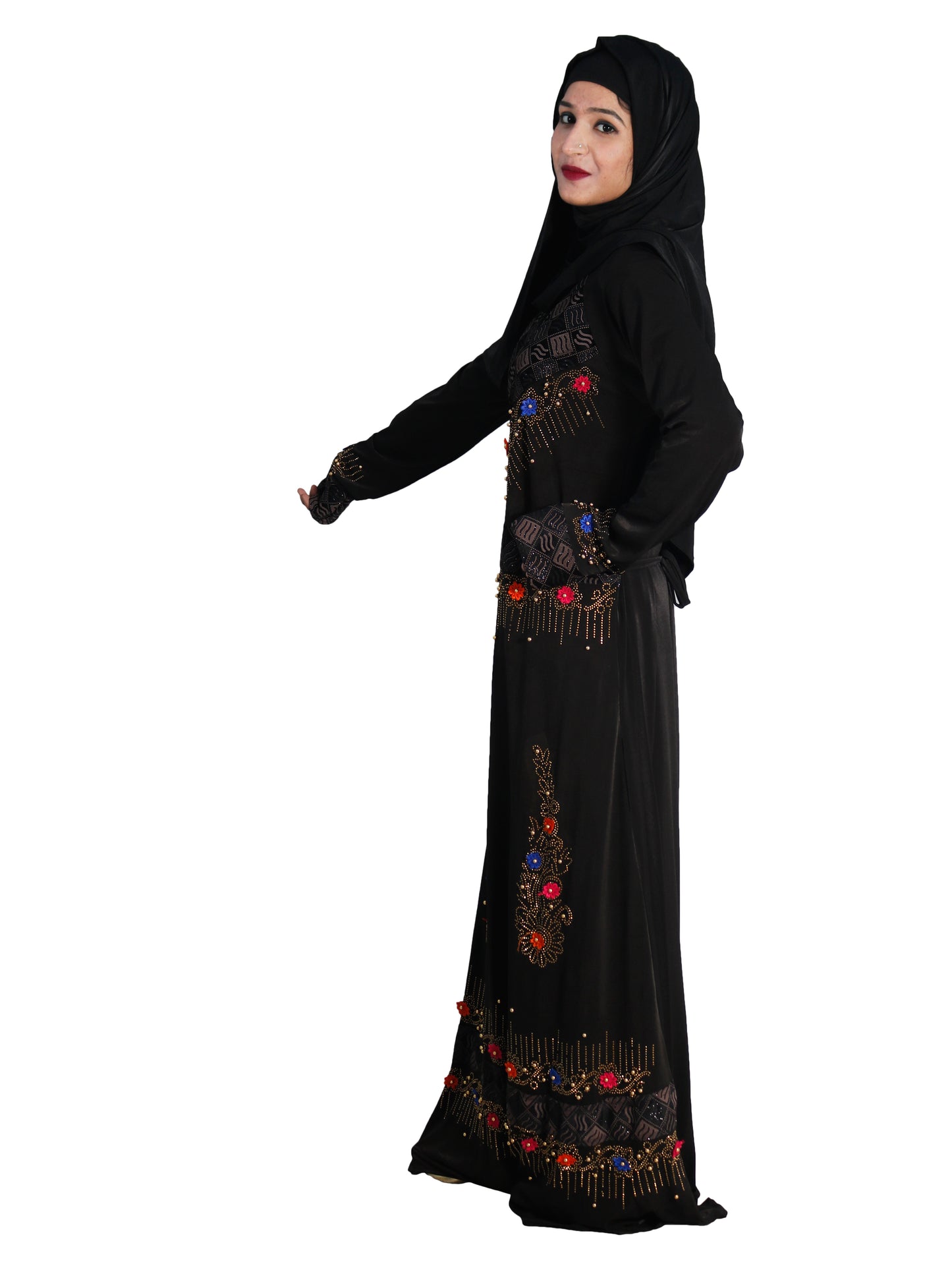 Beautiful Self Design Black Lycra Abaya With Hijab_0636