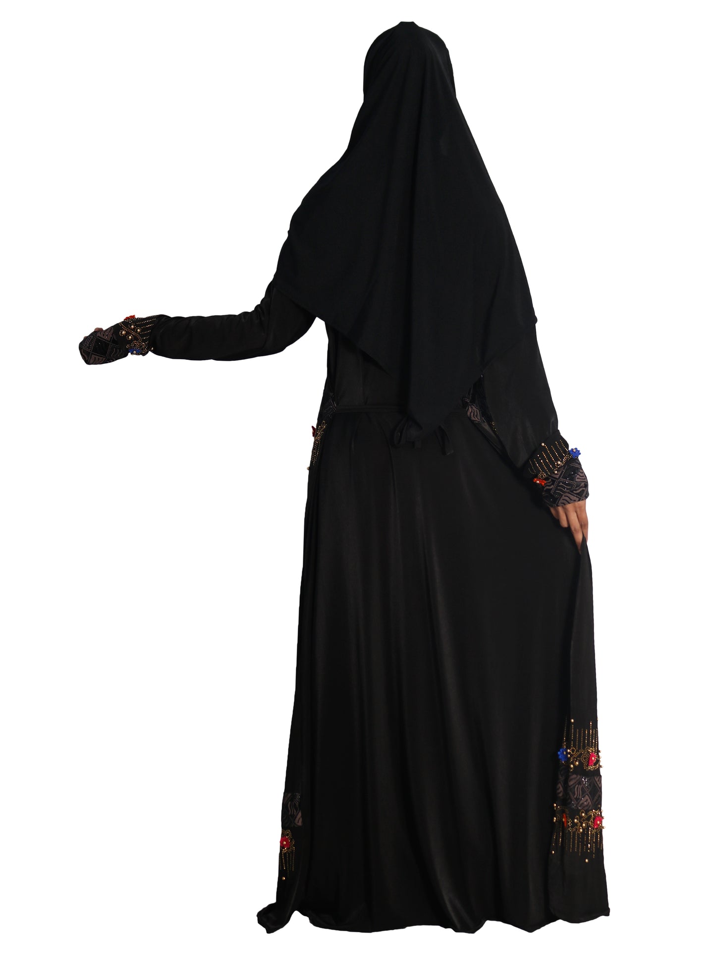 Beautiful Self Design Black Lycra Abaya With Hijab_0636
