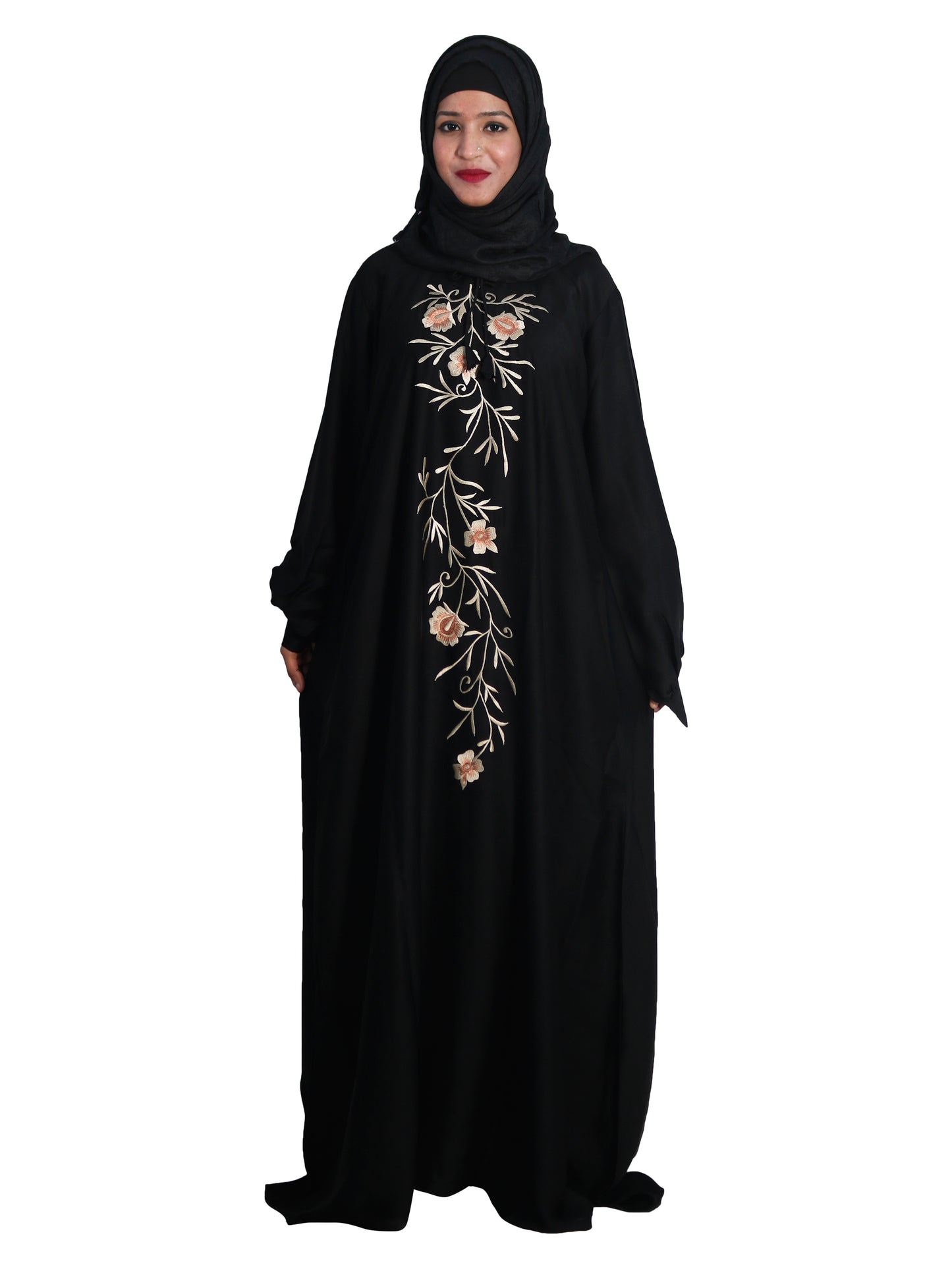 Beautiful Self Design Black Embroidered Art Silk Abaya With Hijab_0604