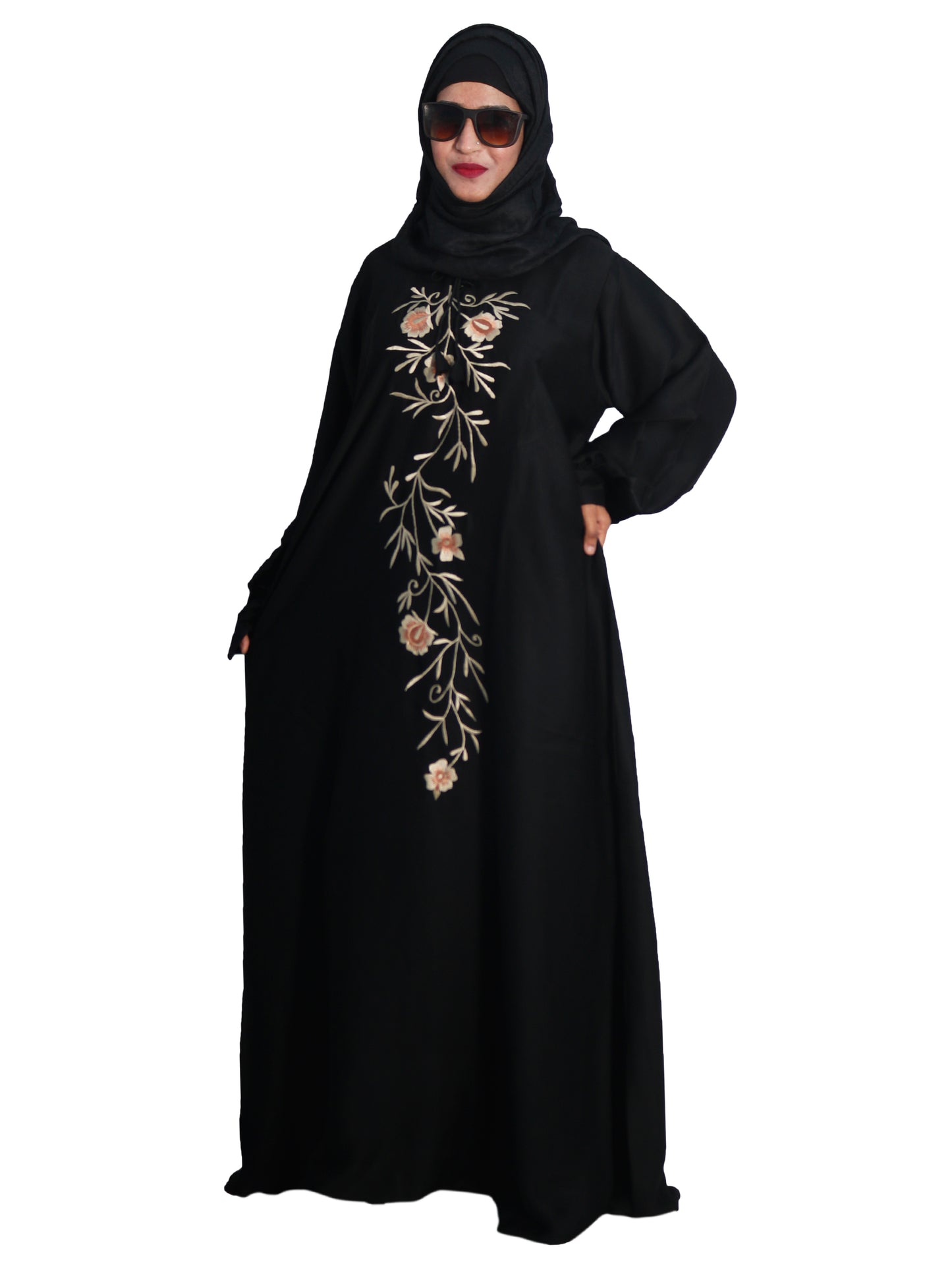 Beautiful Self Design Black Embroidered Art Silk Abaya With Hijab_0604
