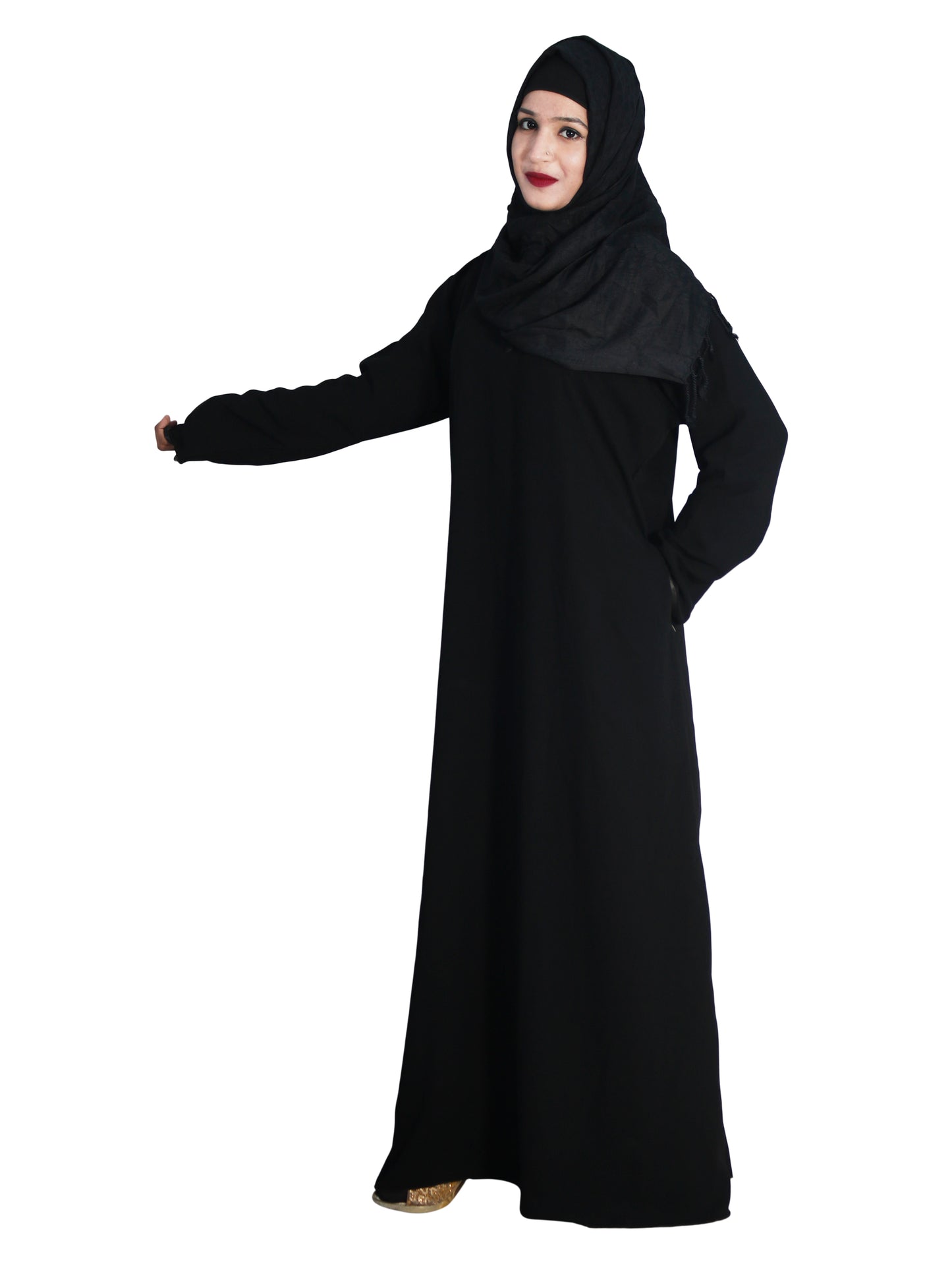 Beautiful Self Design Black Nida Art Silk Abaya With Hijab_0648