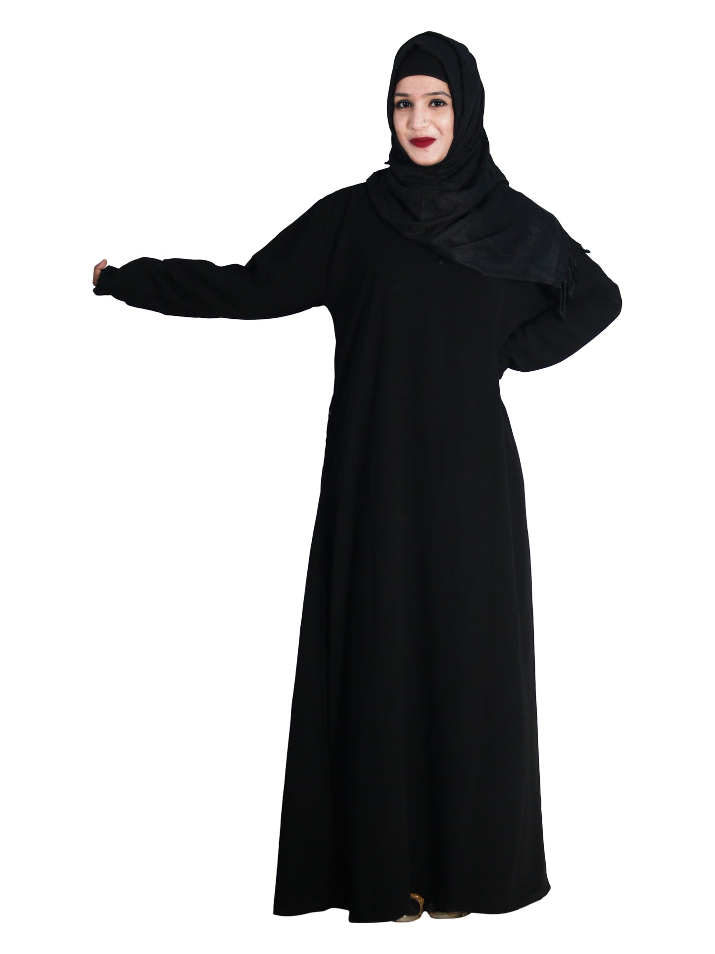 Beautiful Self Design Black Nida Art Silk Abaya With Hijab_0648