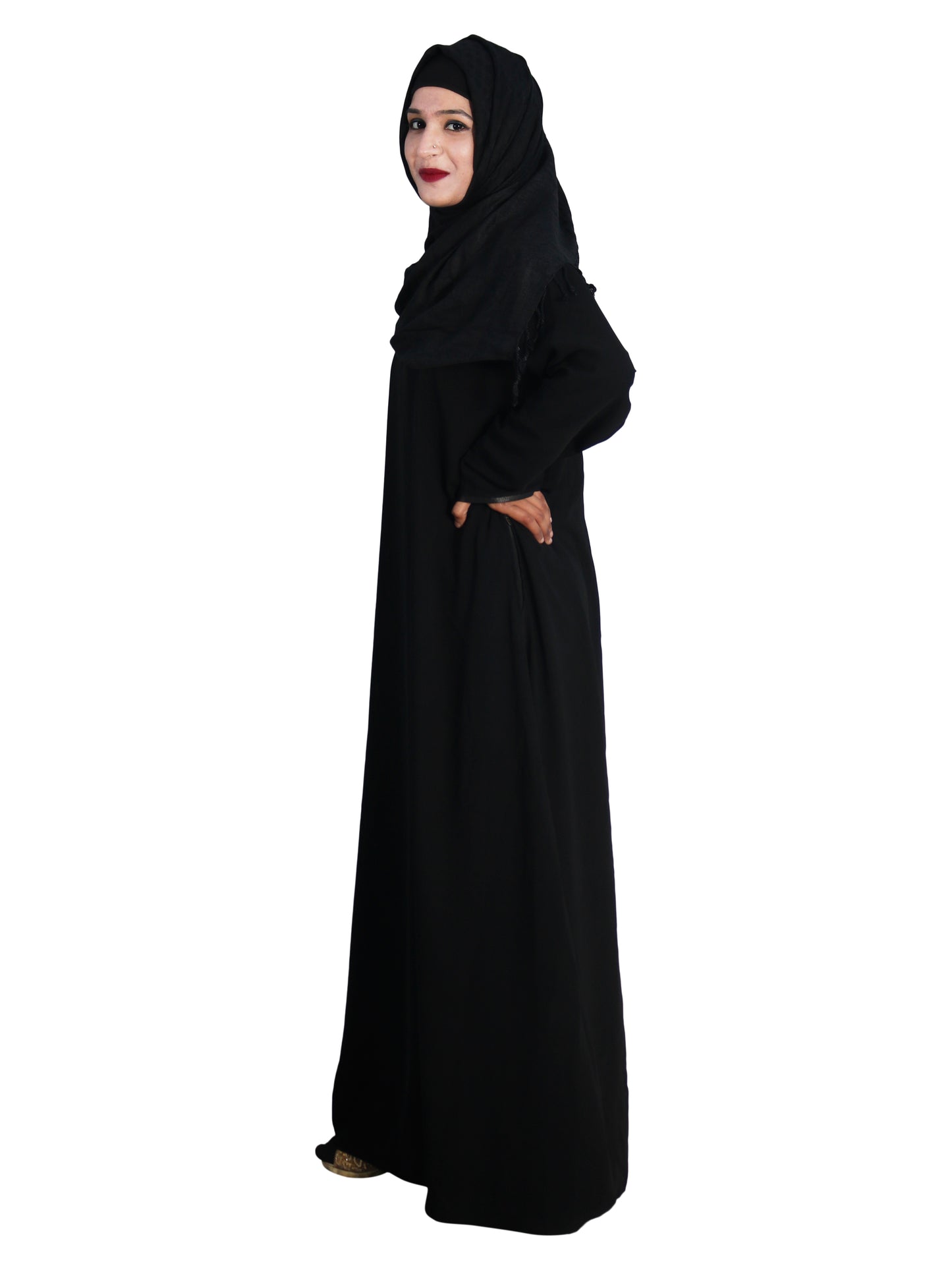 Beautiful Self Design Black Nida Art Silk Abaya With Hijab_0648
