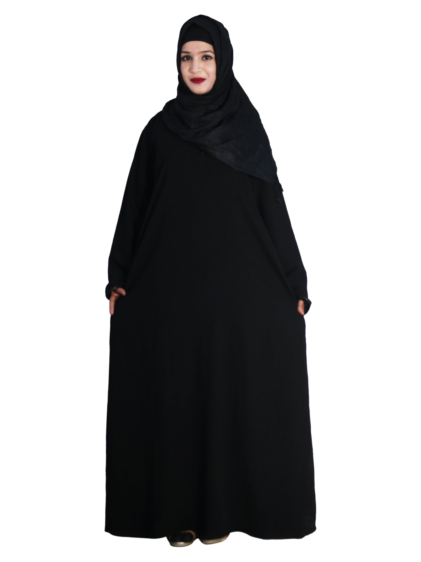Beautiful Self Design Black Nida Art Silk Abaya With Hijab_0648