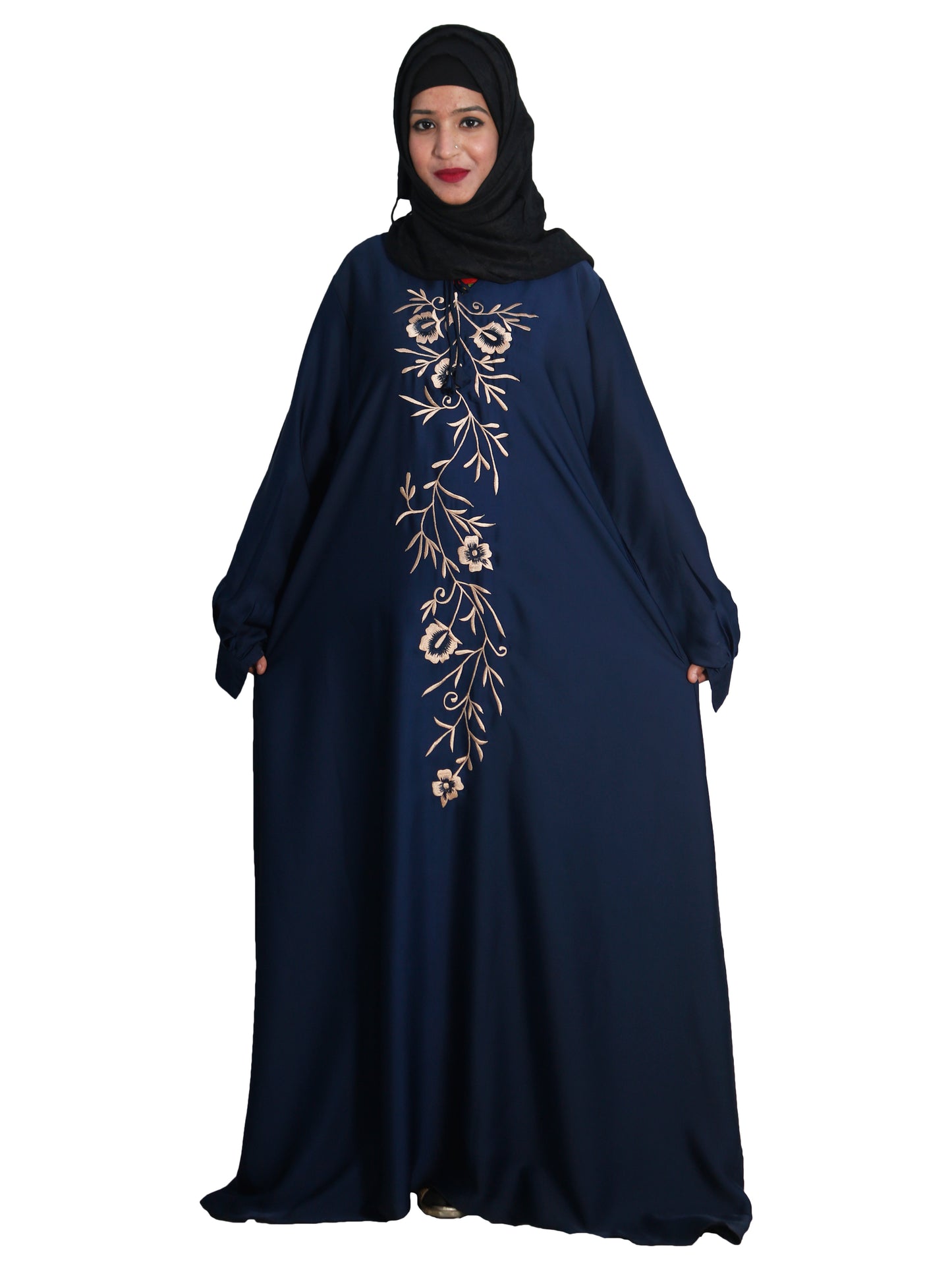 Beautiful Self Design Blue Embroidered Art Silk Abaya With Hijab_0605