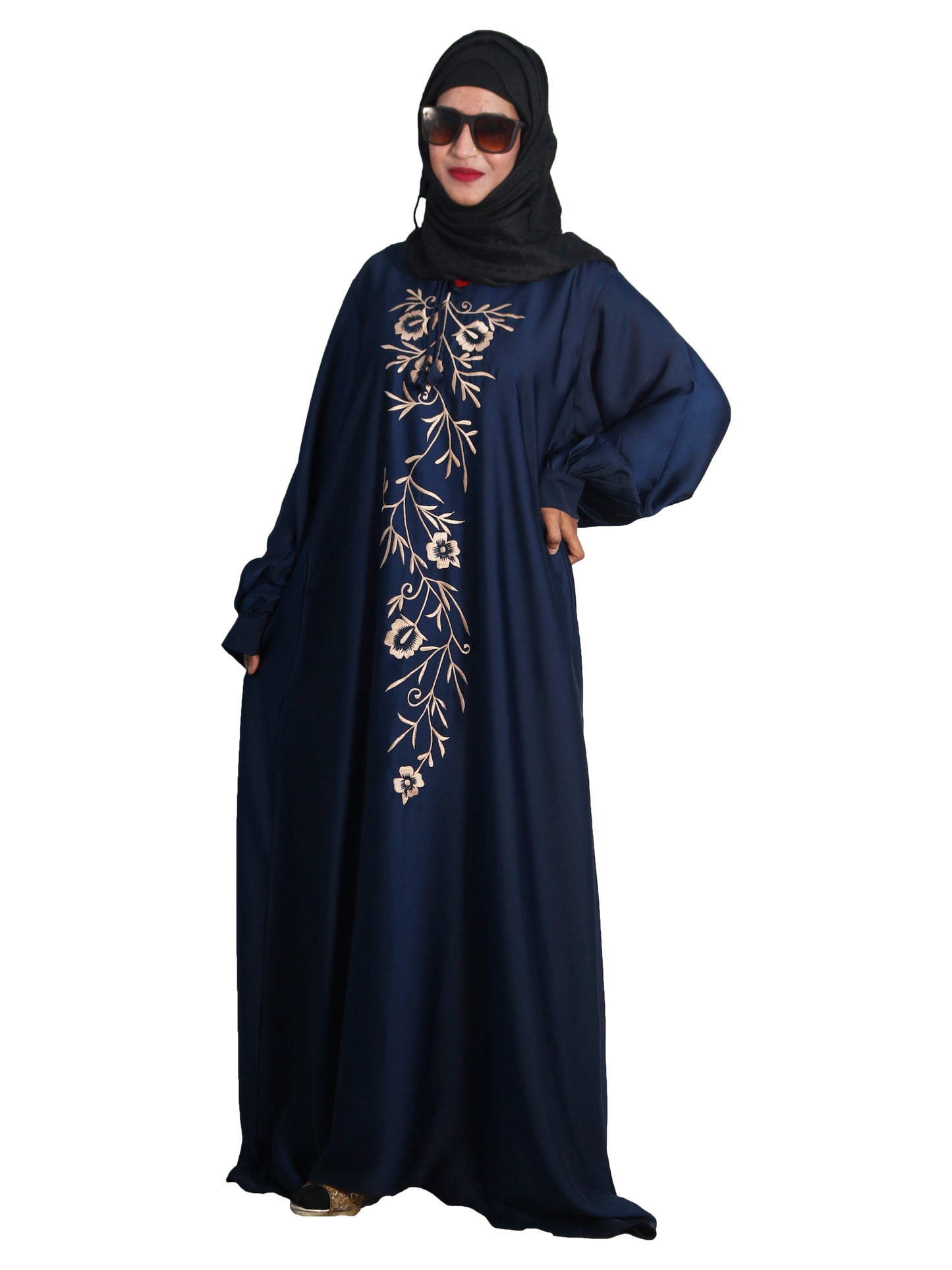 Beautiful Self Design Blue Embroidered Art Silk Abaya With Hijab_0605