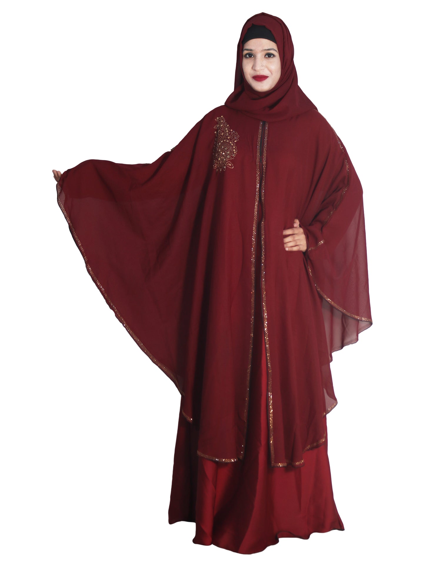 Beautiful Self Design Maroon Broach Farasha Art Silk Abaya With Hijab_0655