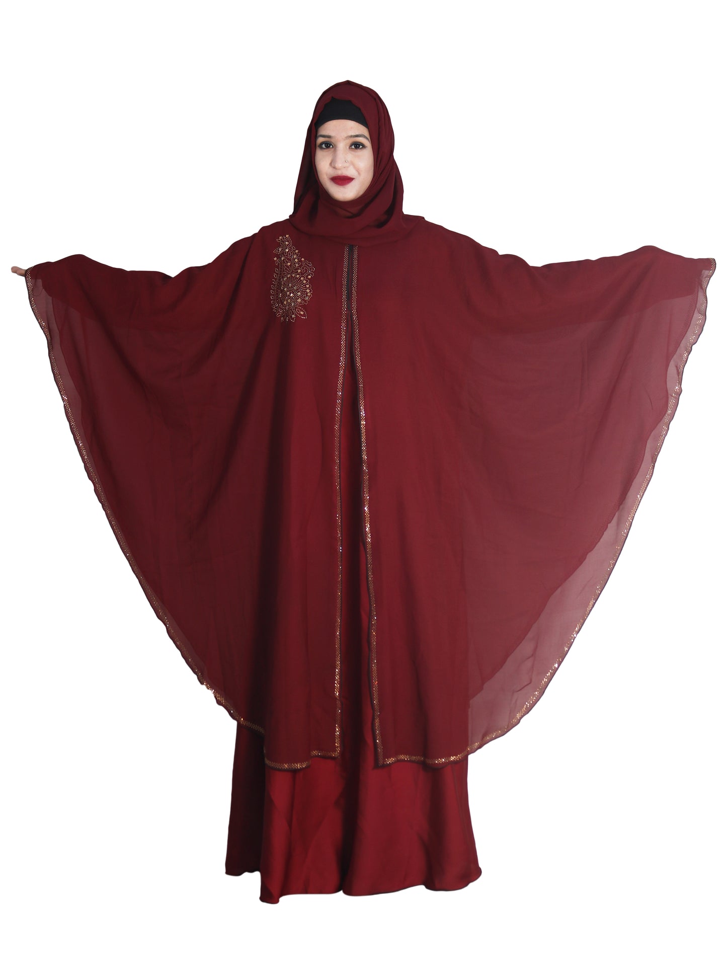 Beautiful Self Design Maroon Broach Farasha Art Silk Abaya With Hijab_0655