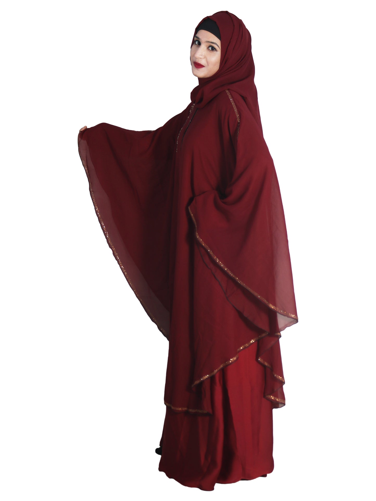 Beautiful Self Design Maroon Broach Farasha Art Silk Abaya With Hijab_0655