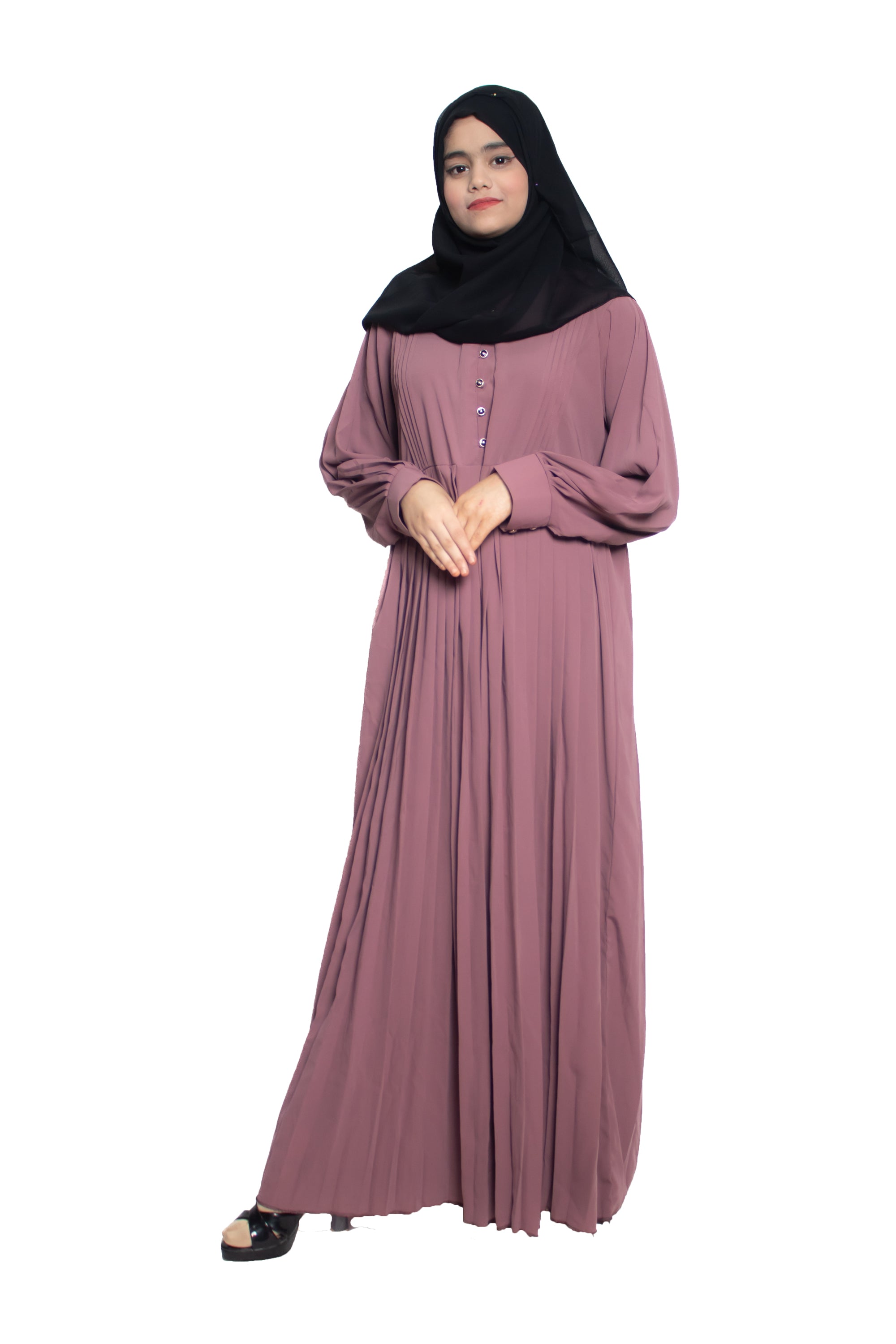 Modest City Self Design Pink Button With Plate Abaya or Burqa With Hijab for Women Girls-Series Laiba