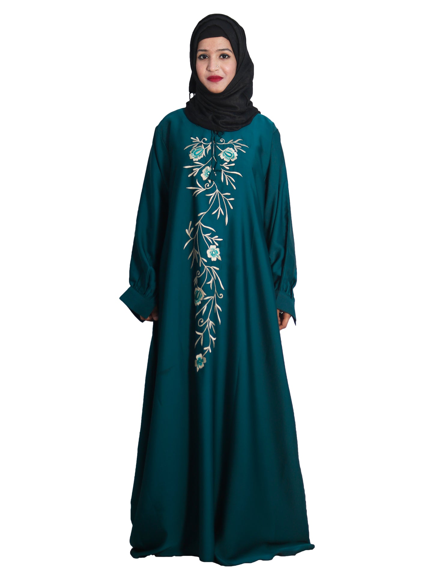 Beautiful Self Design Green Embroidered Art Silk Abaya With Hijab_0606