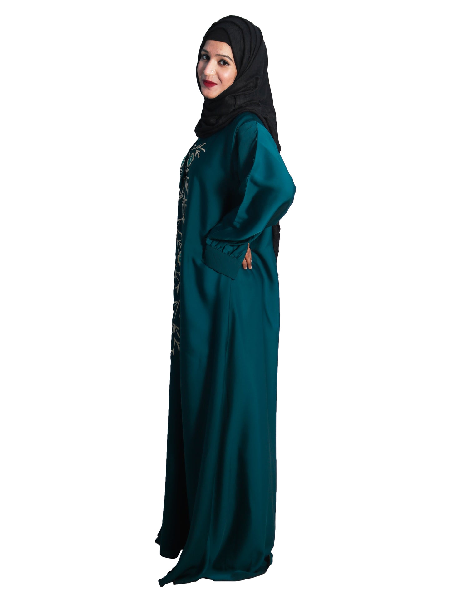 Beautiful Self Design Green Embroidered Art Silk Abaya With Hijab_0606