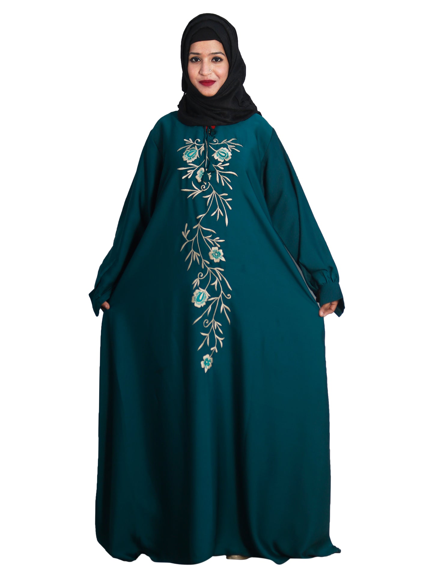 Beautiful Self Design Green Embroidered Art Silk Abaya With Hijab_0606