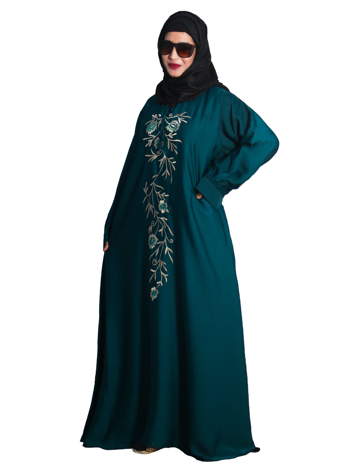 Beautiful Self Design Green Embroidered Art Silk Abaya With Hijab_0606