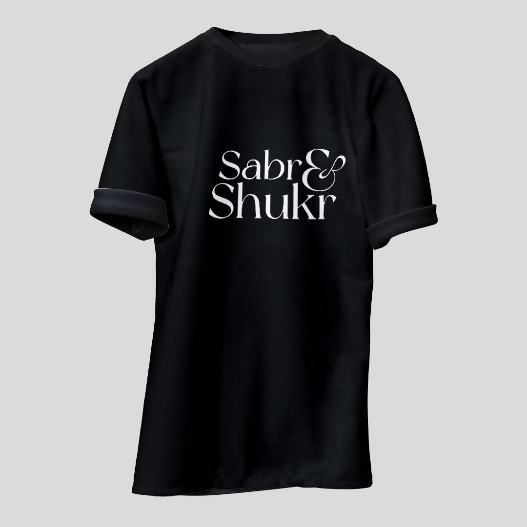 Islamic T-shirt 'Sabr & Shukr' Self Design Round Neck Half Sleeves Black T-shirt for Men (BK006)