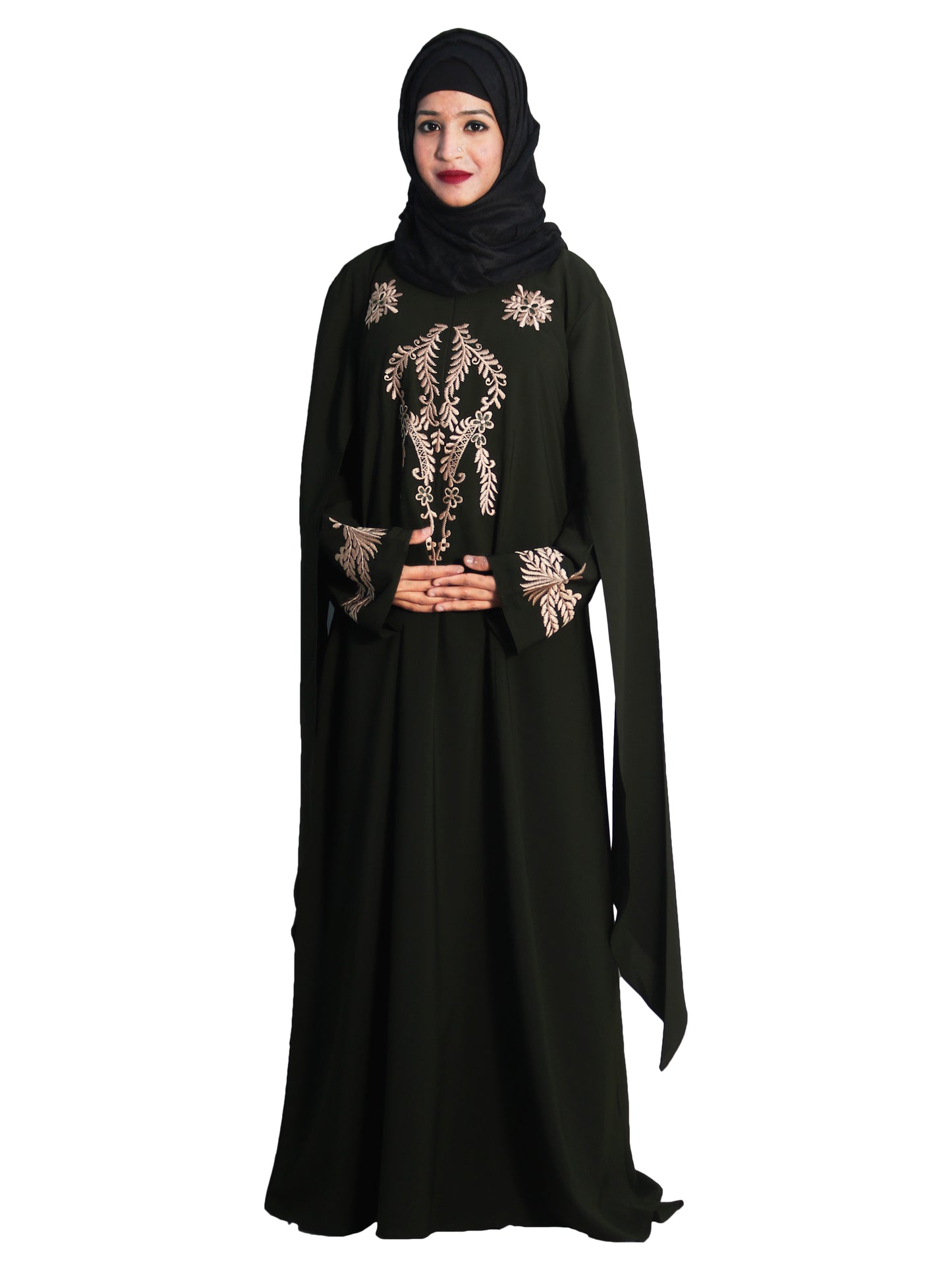 Beautiful Self Design Black Embroidered Art Silk Abaya With Hijab_0607