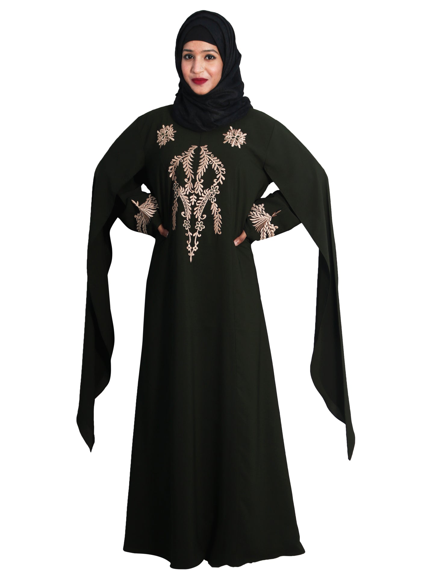 Beautiful Self Design Black Embroidered Art Silk Abaya With Hijab_0607