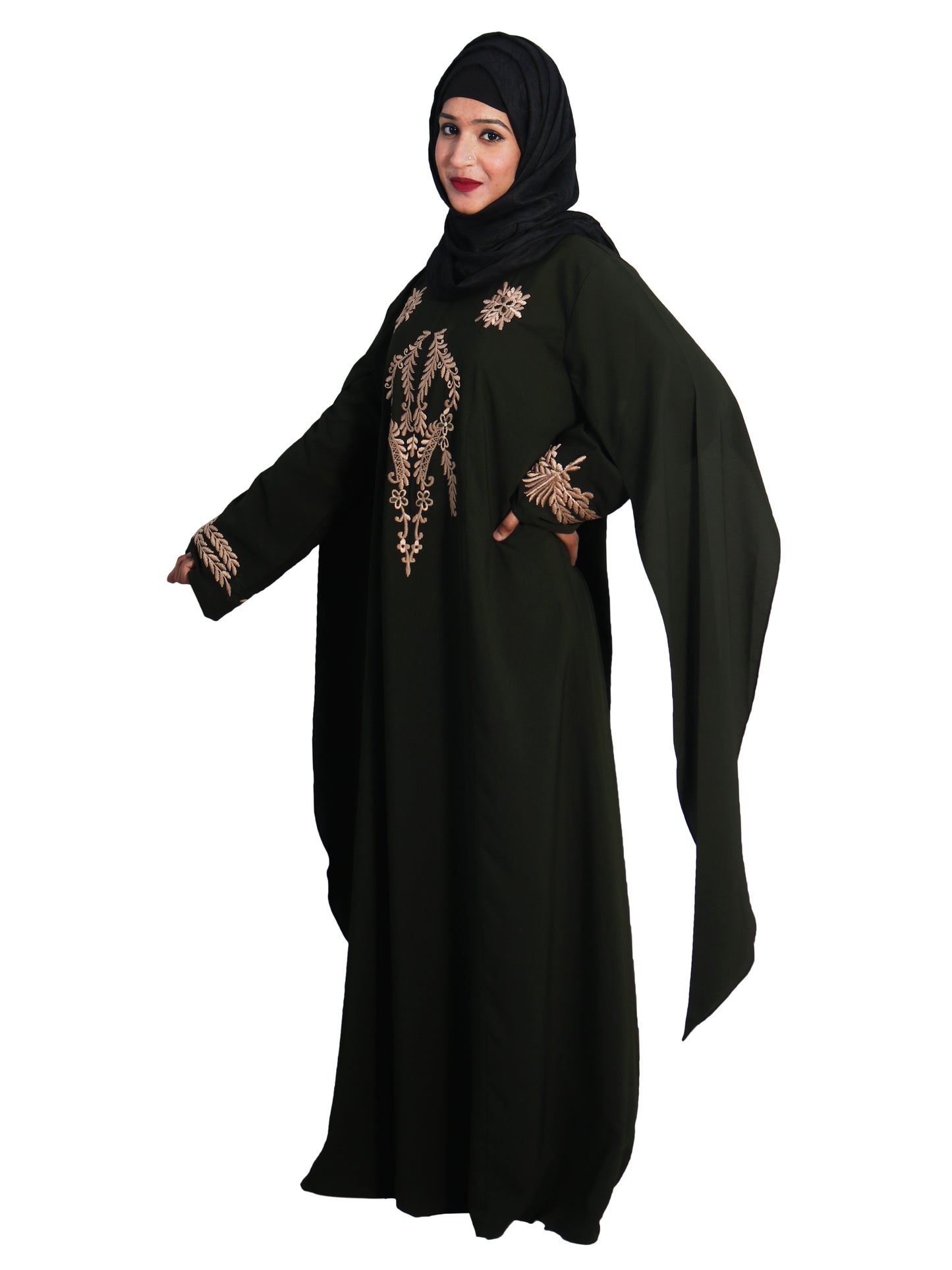 Beautiful Self Design Black Embroidered Art Silk Abaya With Hijab_0607