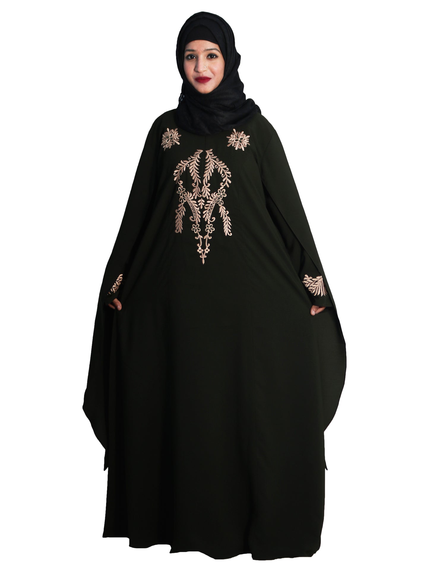 Beautiful Self Design Black Embroidered Art Silk Abaya With Hijab_0607