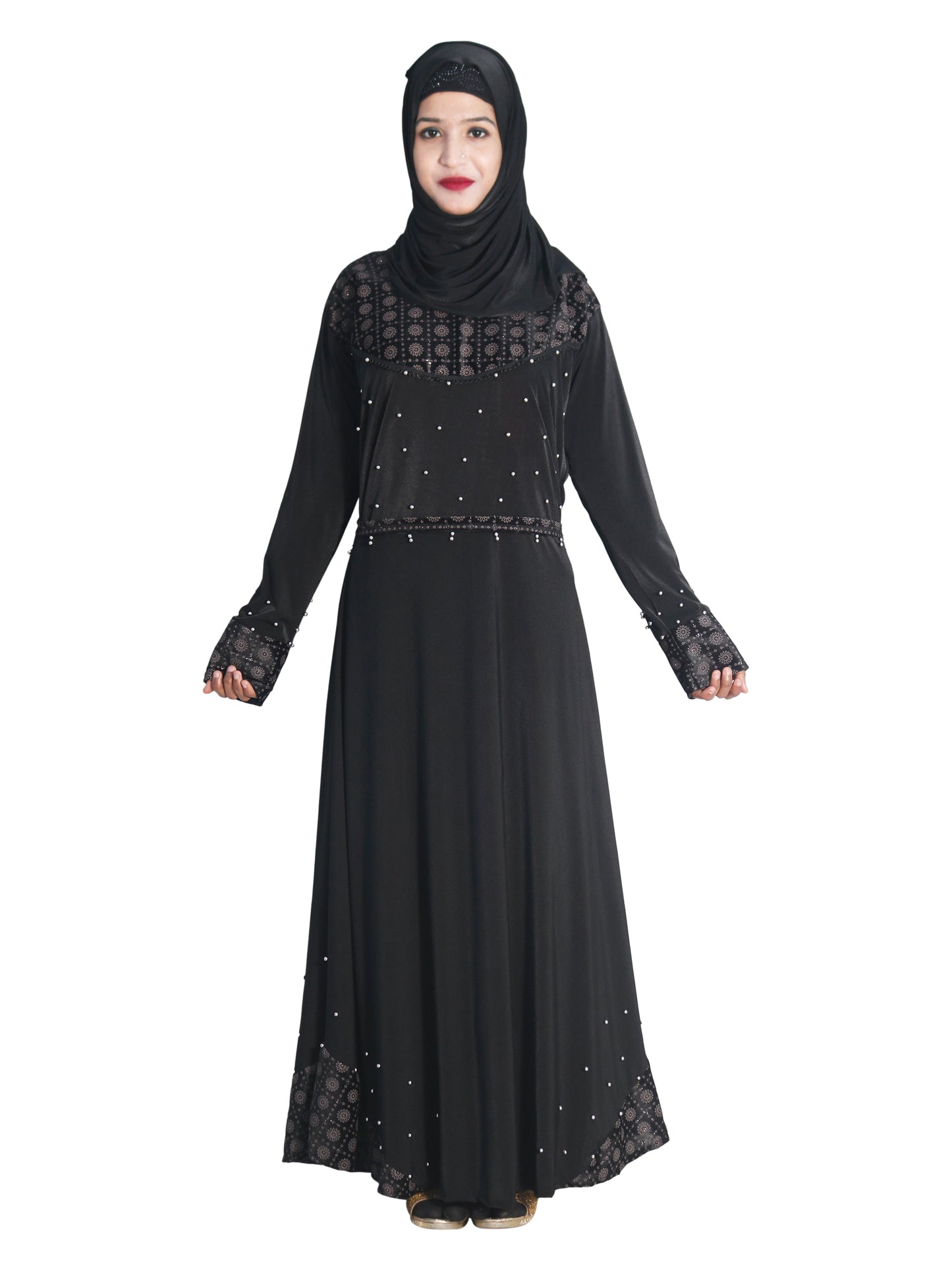 Beautiful Self Design Black Daman Moti Lycra Abaya With Hijab_0677